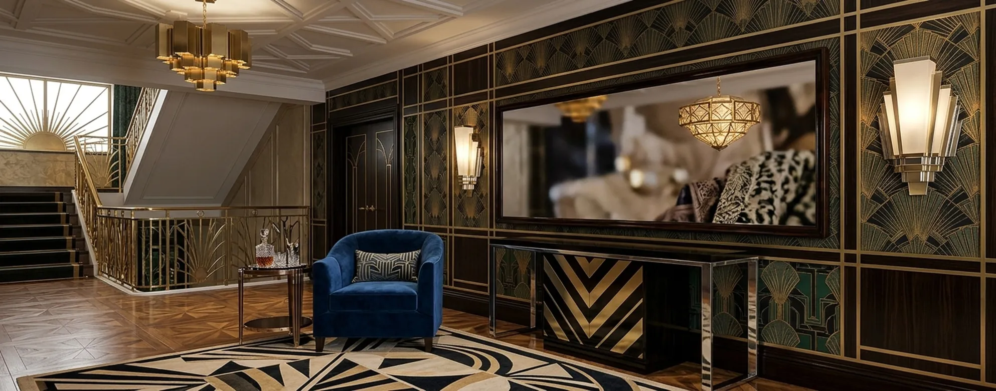 antique mirror with elegant art deco frame in a stylish room