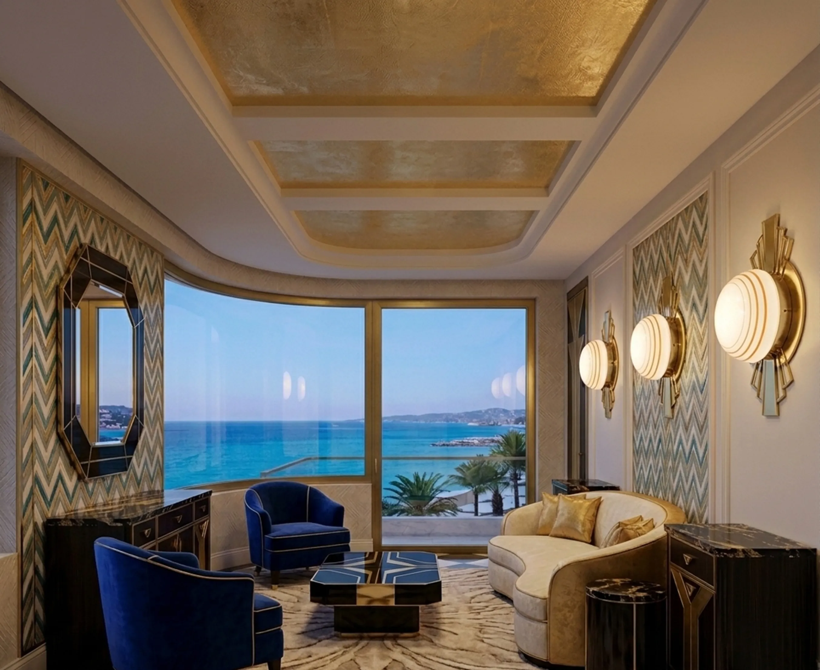 Set of 3 antique ceiling lights illuminating an elegant room with a sea view.