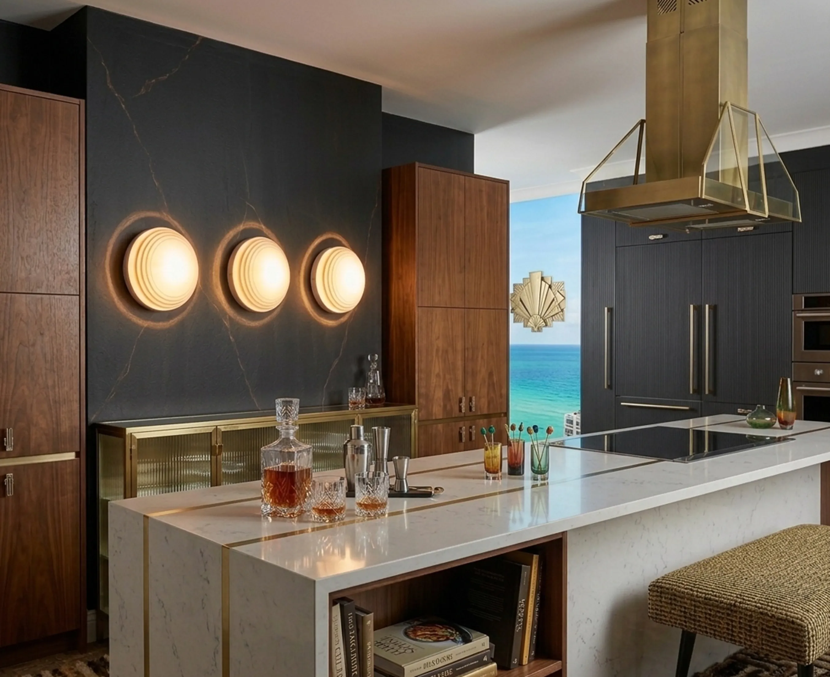 三盏古董吸顶灯在现代厨房中，背景是海景。