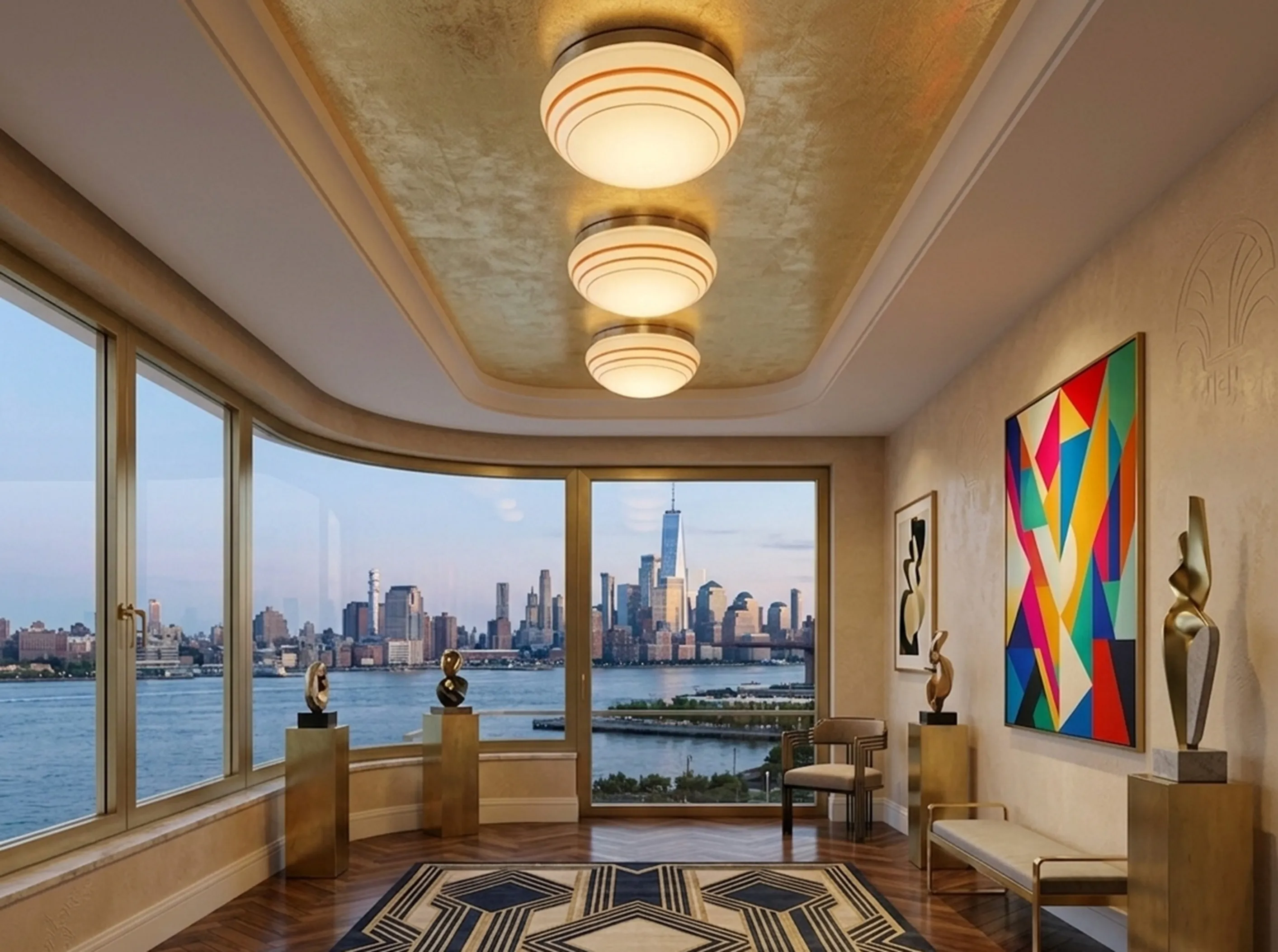 Tre plafoniere antiche illuminano un'area con vista.