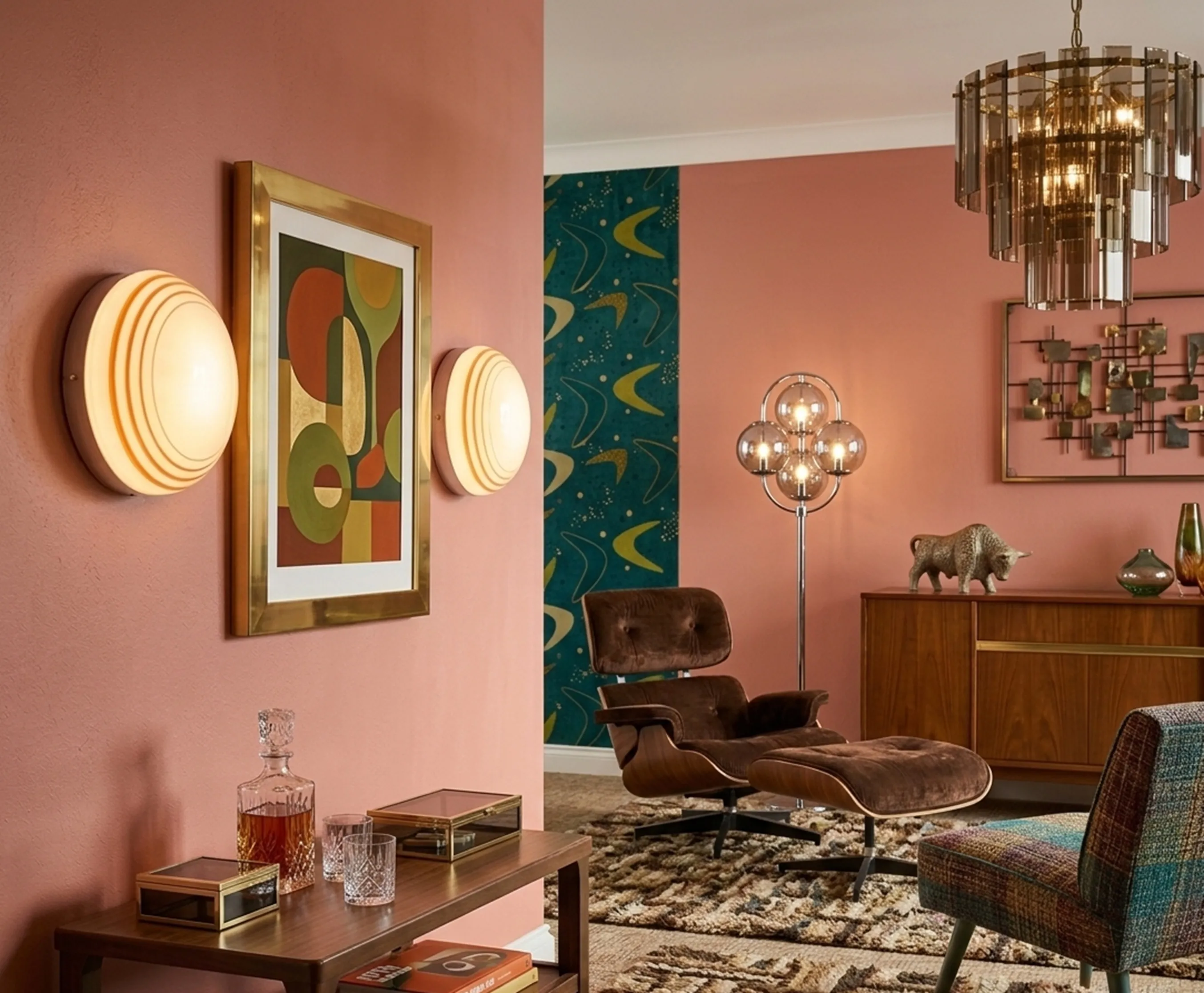 three antique ceiling lights illuminating a decorative wall