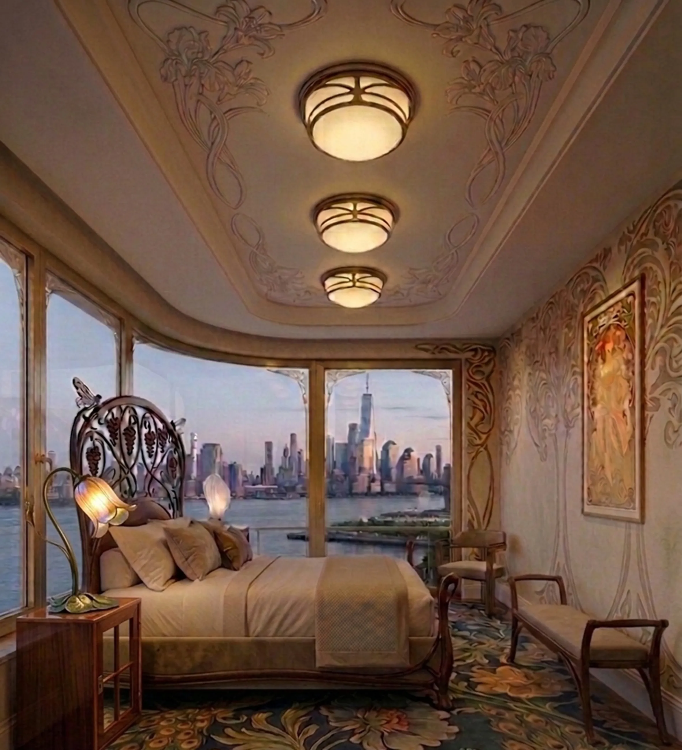 antiker nachttisch neben einem bett