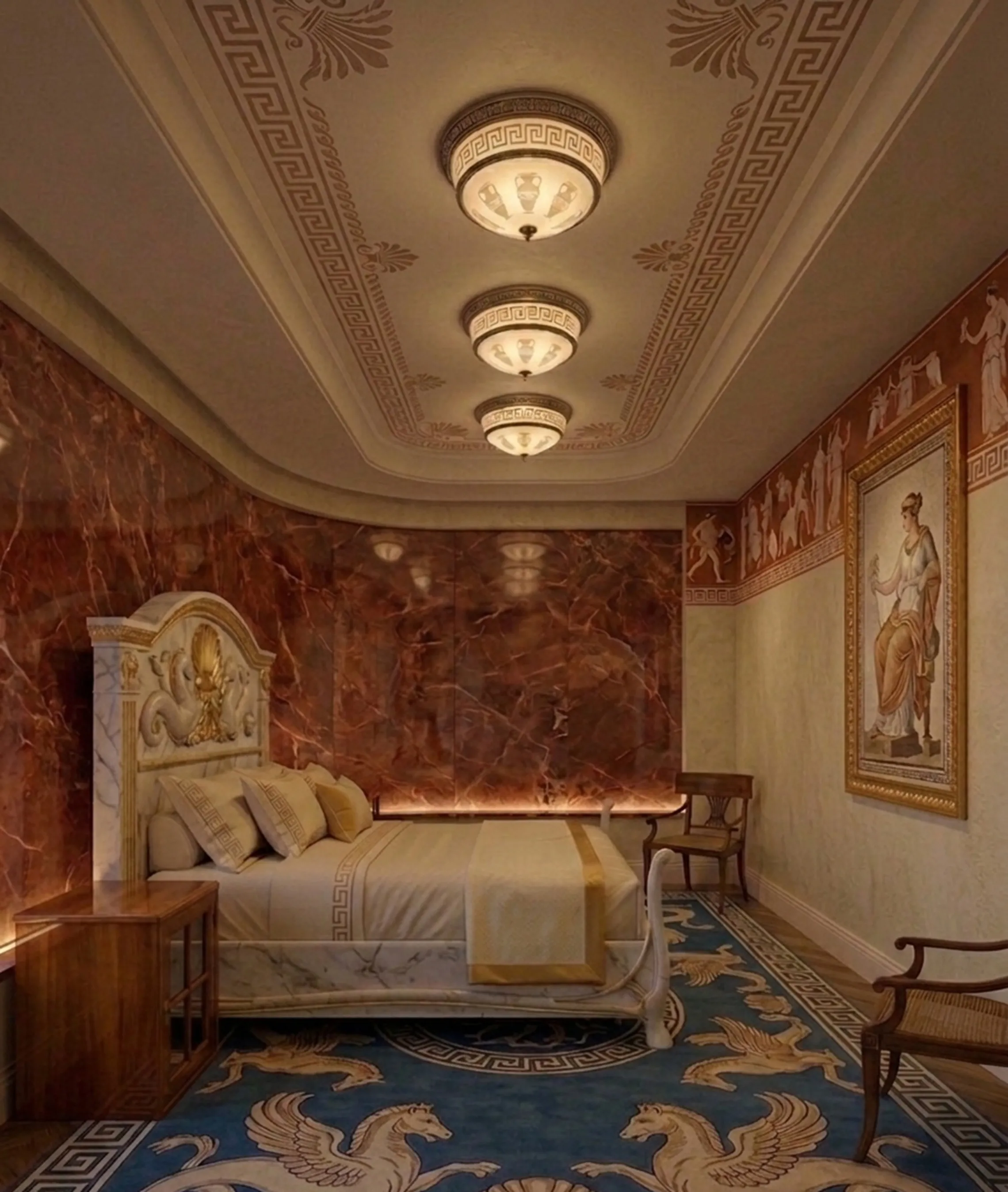 mesa de luz antigua con diseño clásico en dormitorio elegante