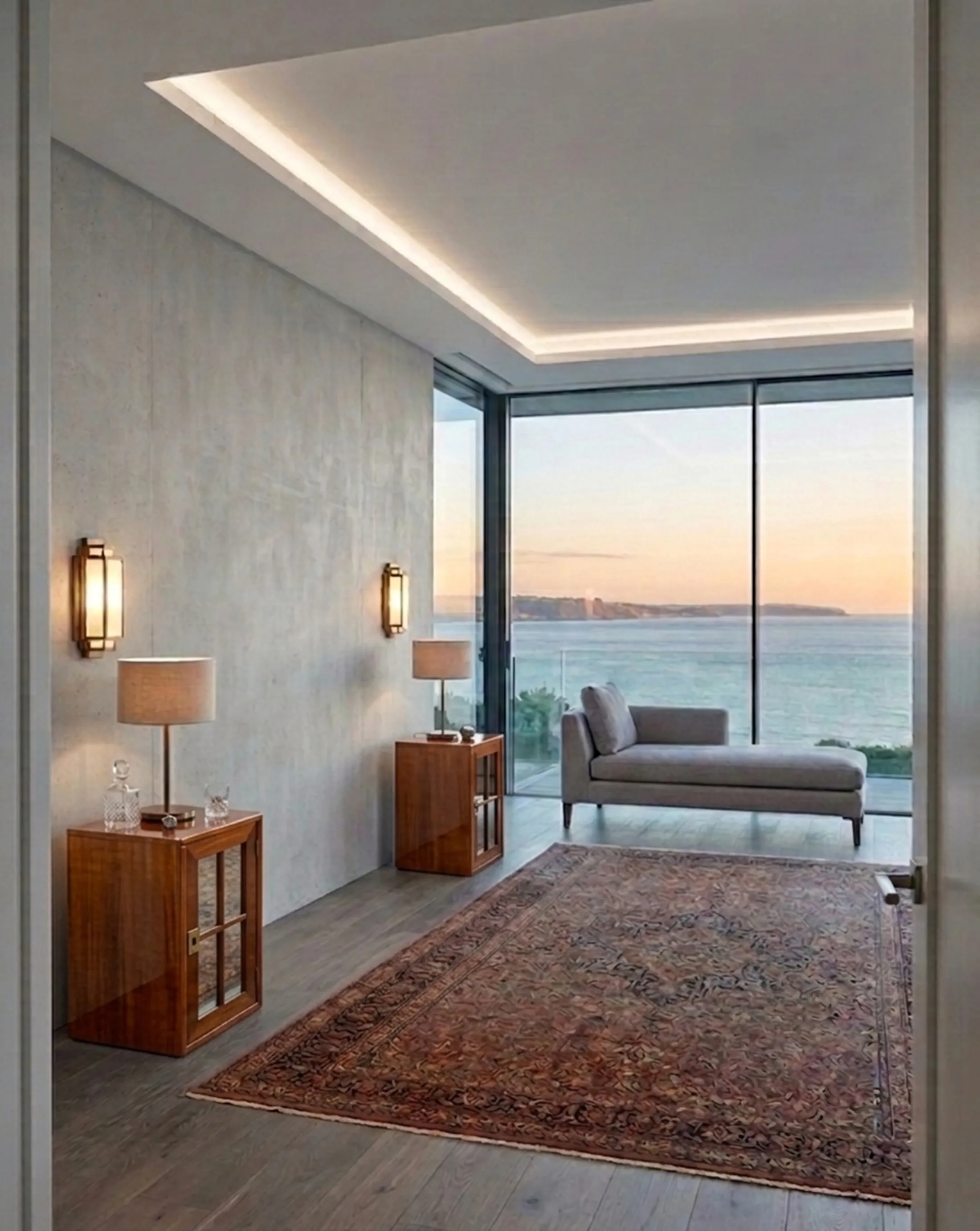 antique bedside tables next to a sofa and a sea view