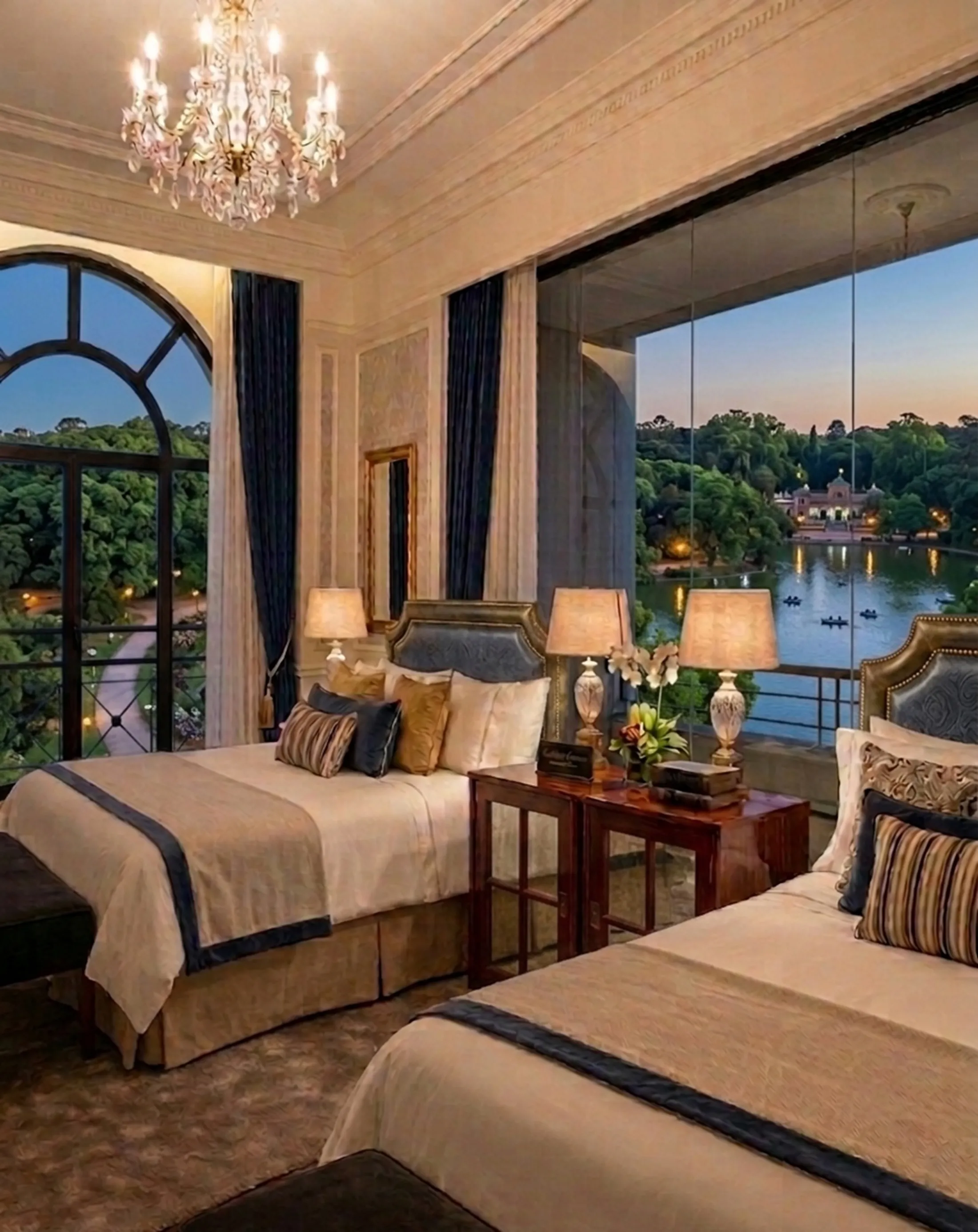 طاولات بجانب السرير القديمة بتفاصيل دقيقة في غرفة أنيقة