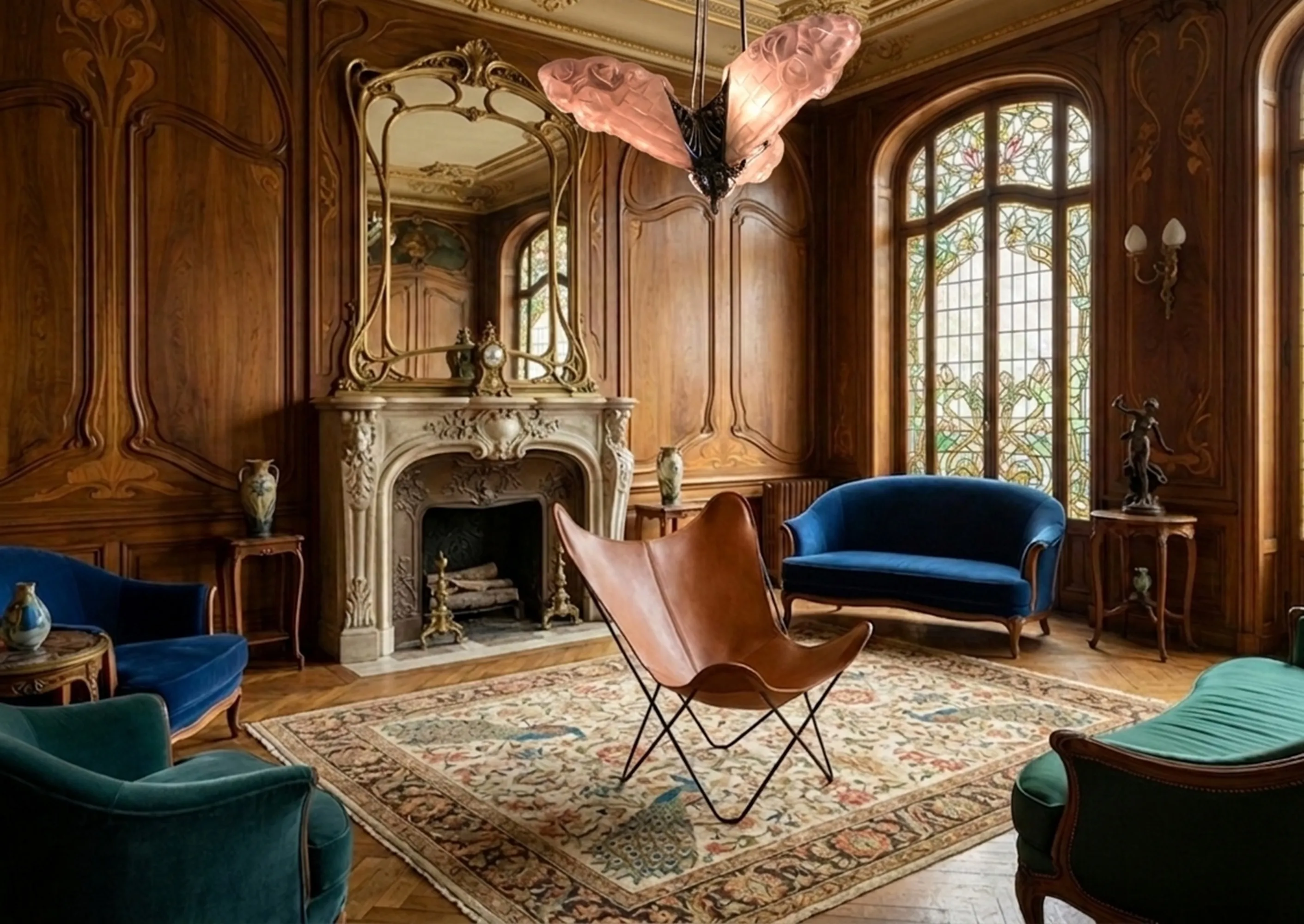 Lustre ancien avec design courbé dans un cadre élégant avec fauteuils et miroir.