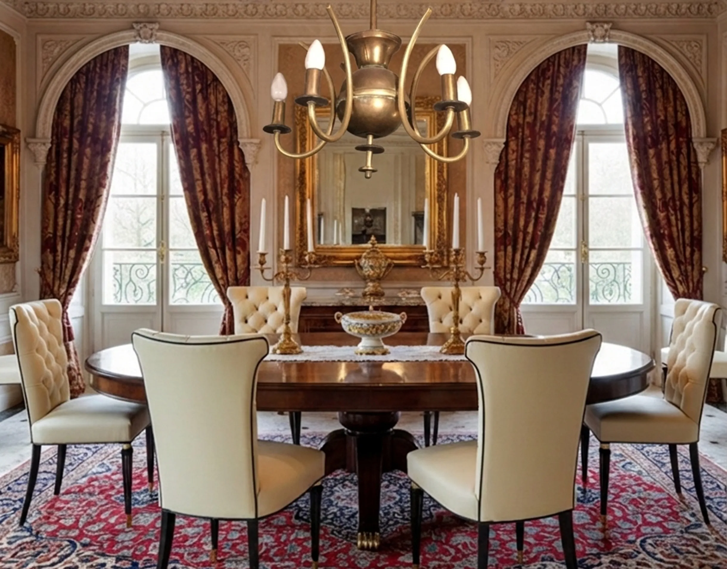 Ancien lustre dans une élégante salle à manger classique décorée