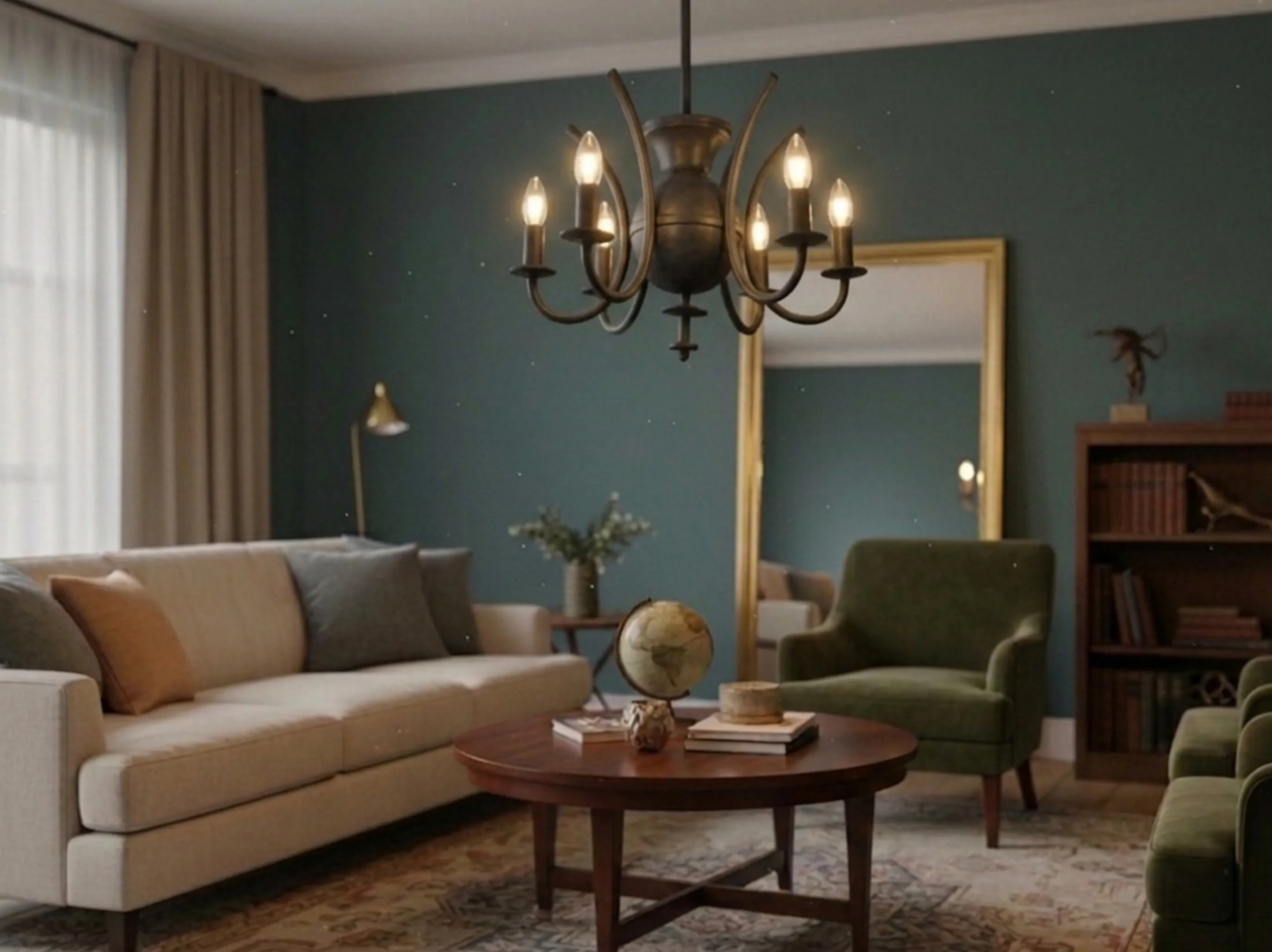 Lampada a sospensione antica sopra un tavolo in un soggiorno elegante.