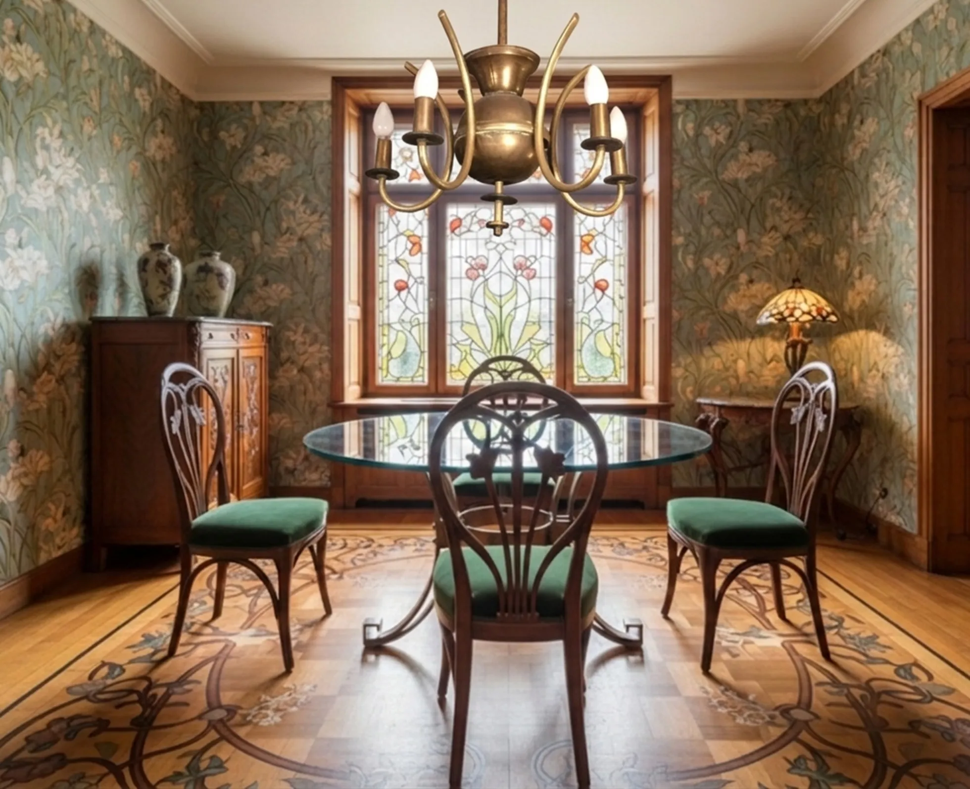 Antike Hängelampe im Wohnzimmer mit eleganten Möbeln und floralem Hintergrund.