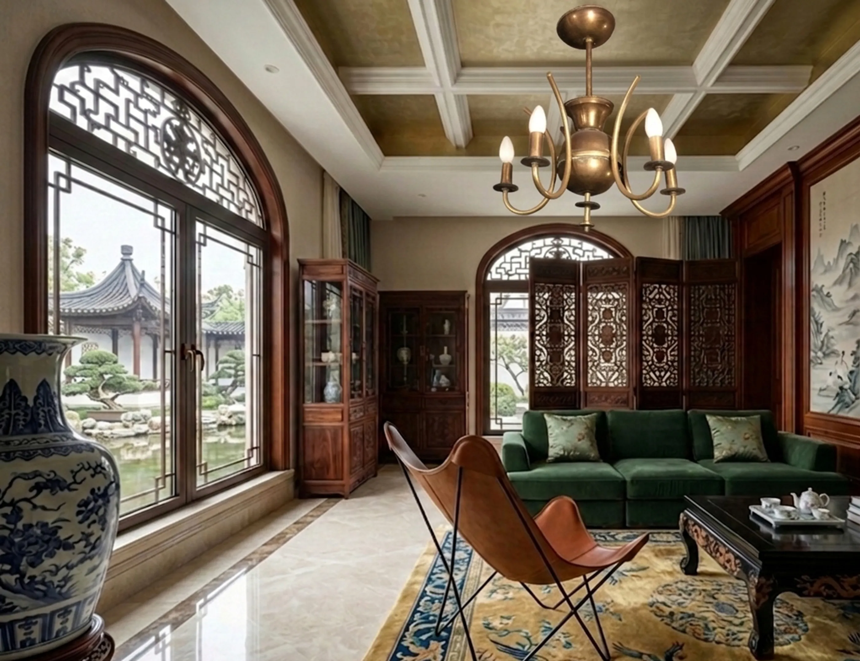 lâmpada de teto antiga com cinco luzes em uma sala elegante