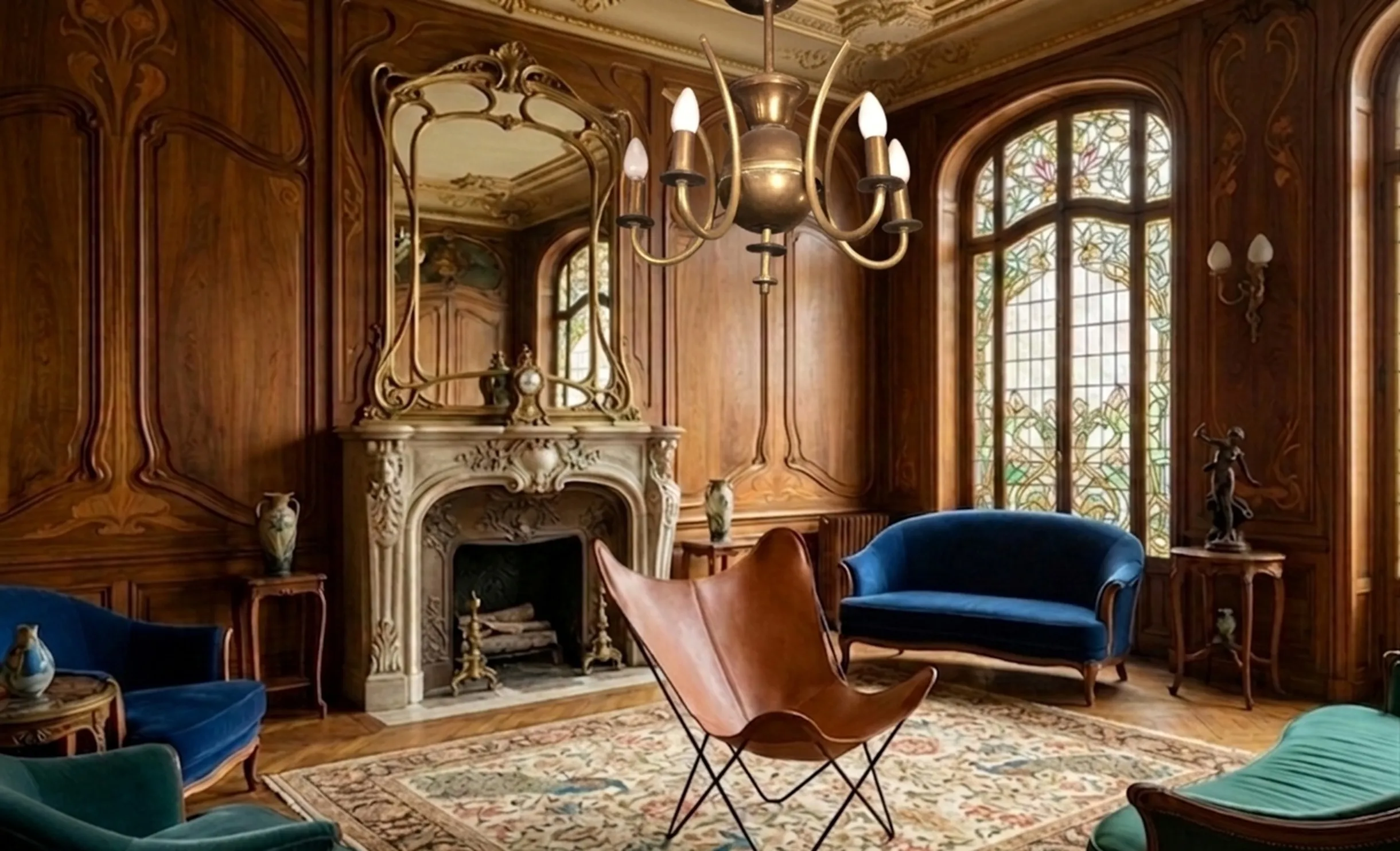 lámpara de techo antigua con cinco luces en habitación elegante