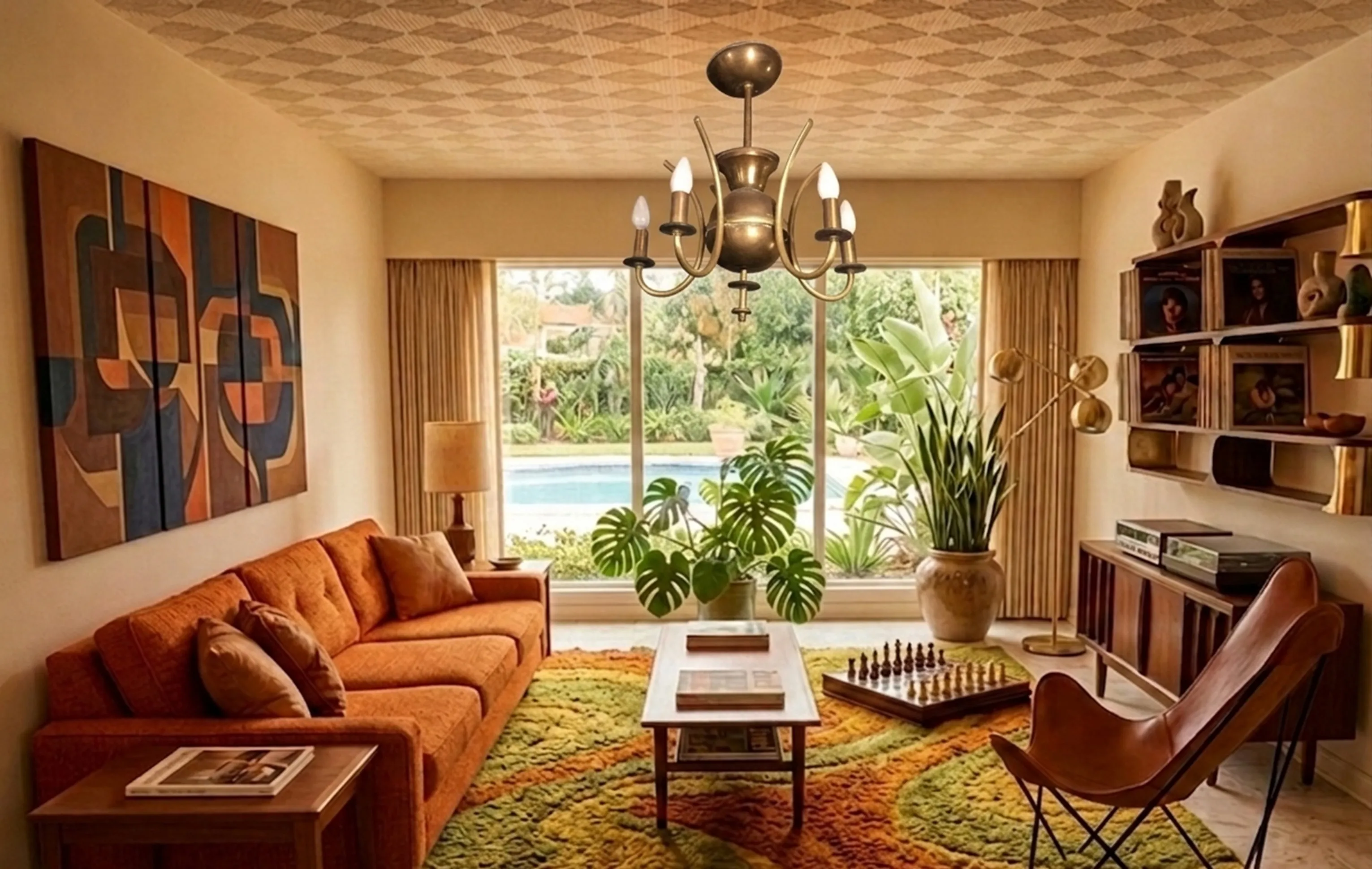 Lampada a sospensione antica con cinque bracci, ambiente accogliente.