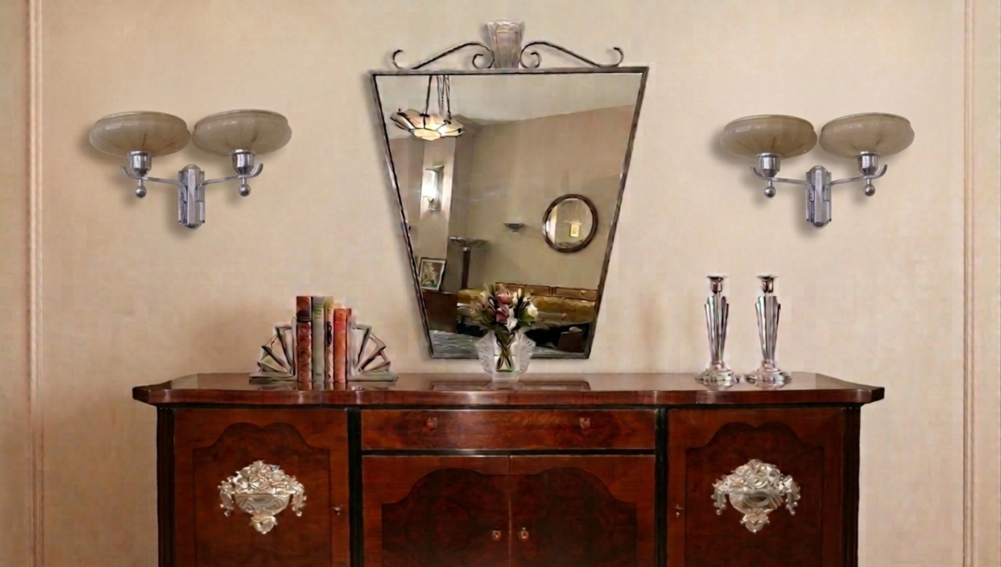 miroir antique décoratif avec lumières latérales