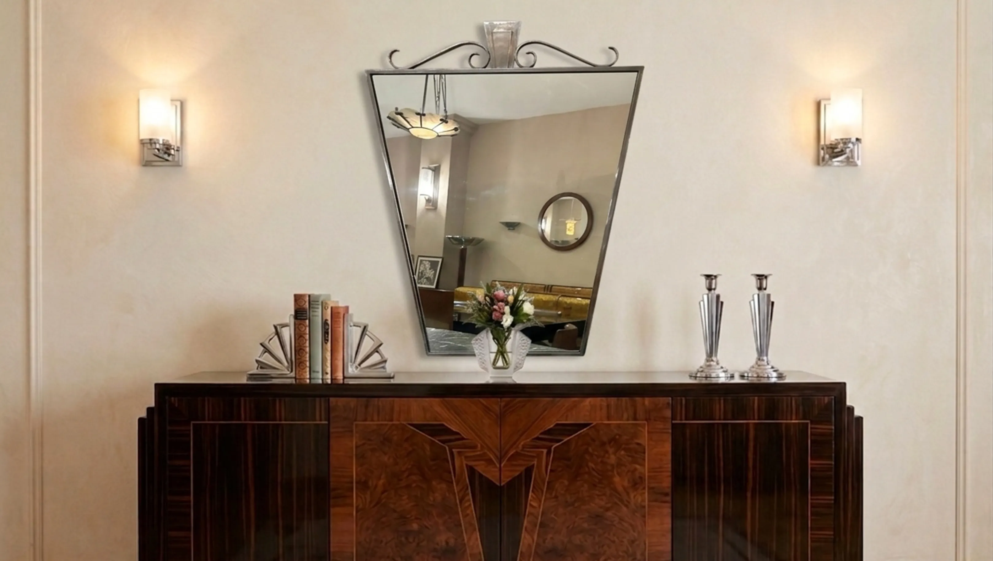antique mirror on a decorative wall with lamps