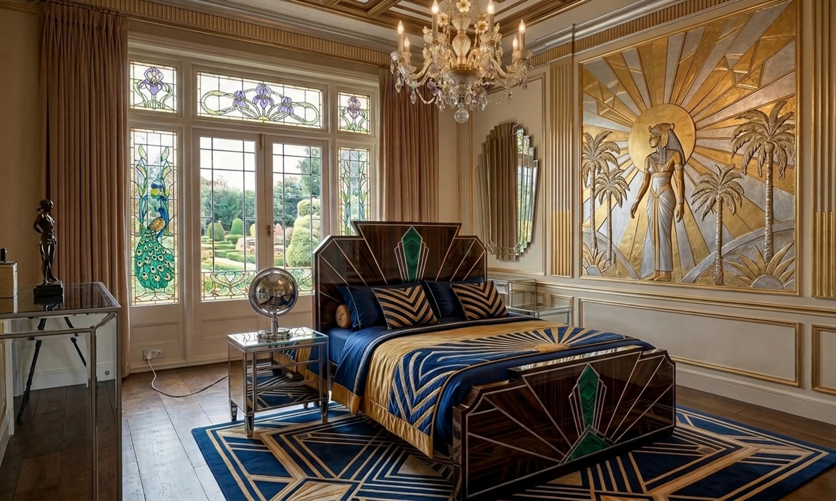 luminária de mesa antiga em um quarto elegante com detalhes artísticos, acompanhada de móveis luxuosos