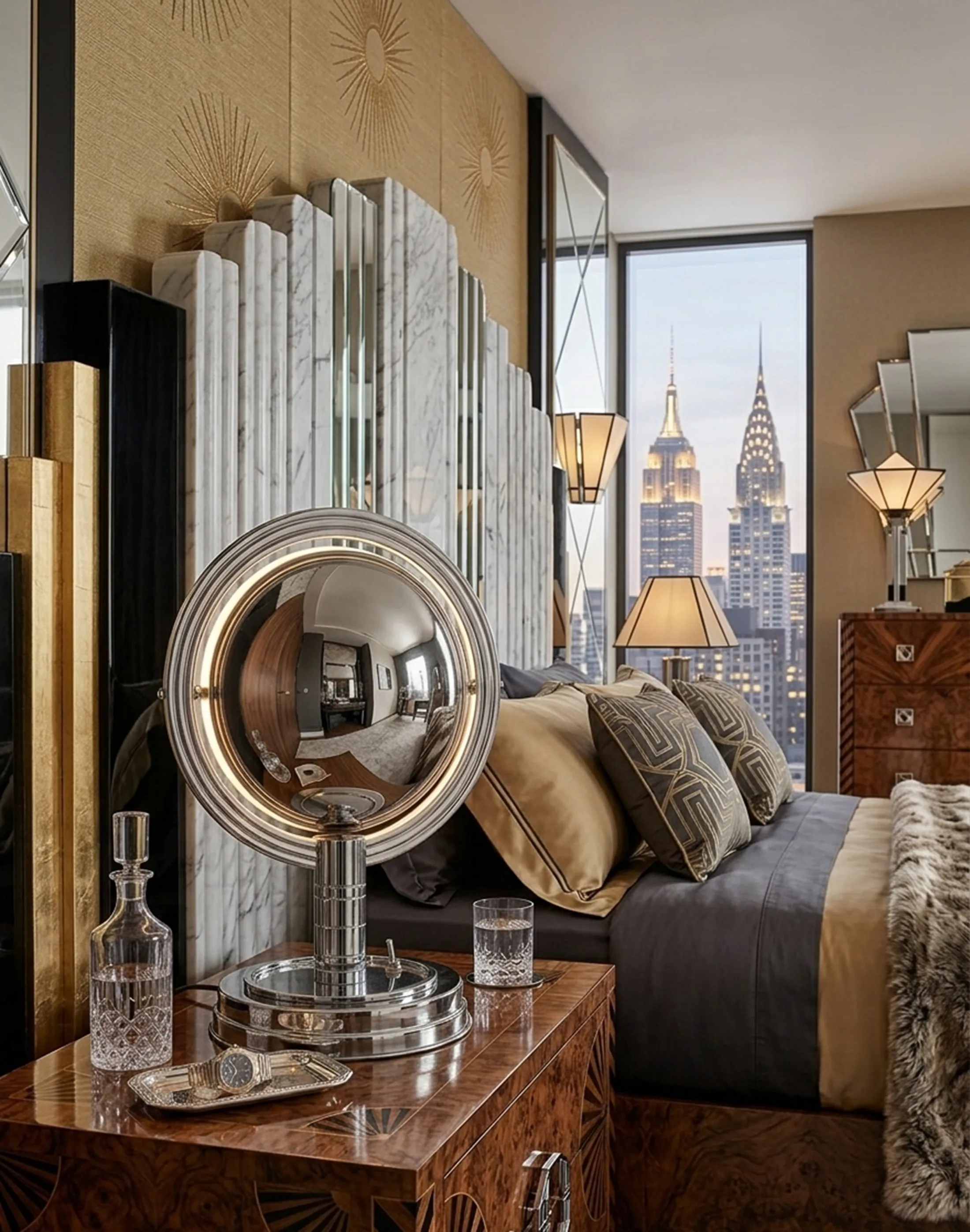 antike Tischlampe mit sanftem Licht und eleganten Details in einem modernen Schlafzimmer