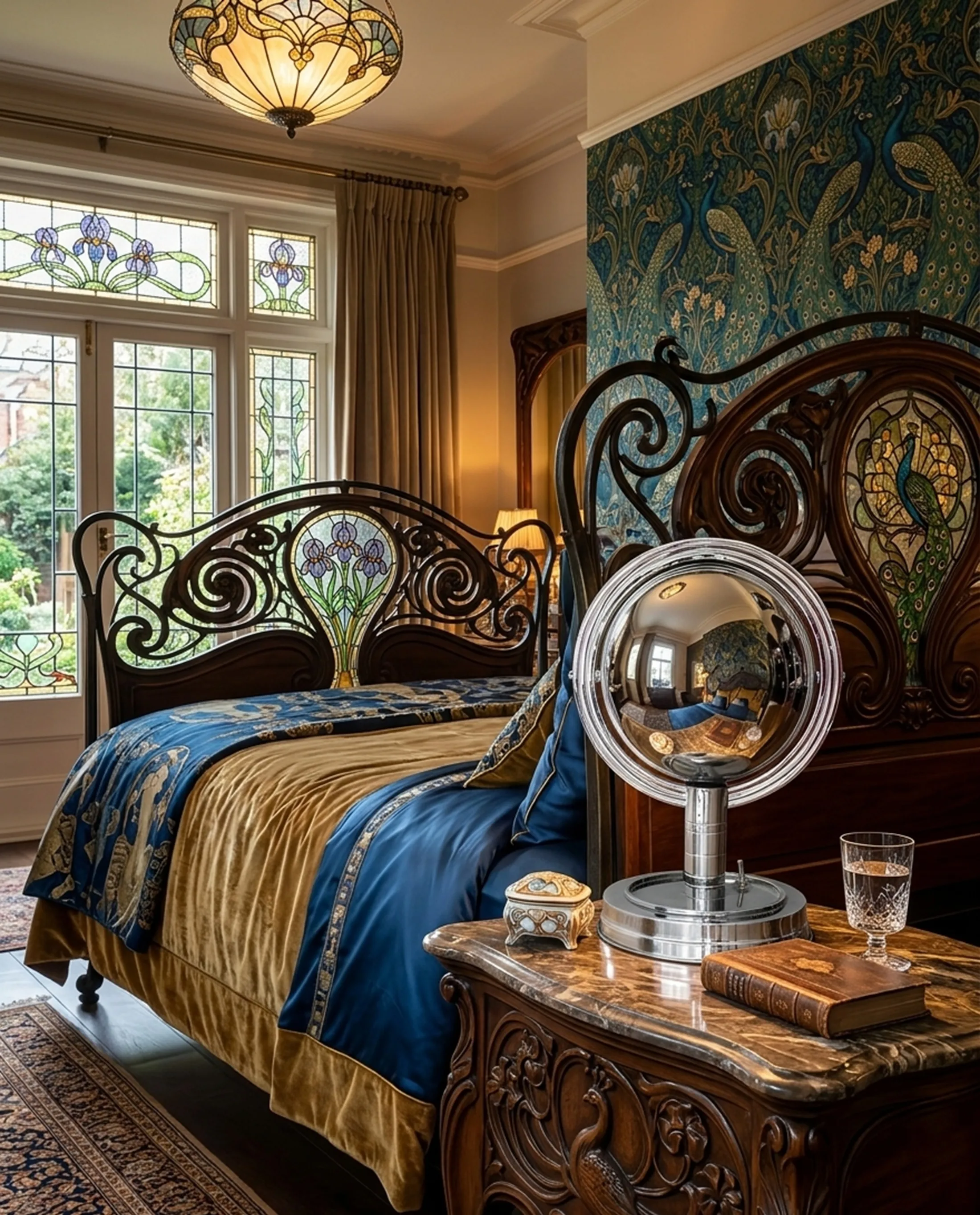 우아한 분위기에 있는 구형 크롬 베이스의 고대 테이블 램프