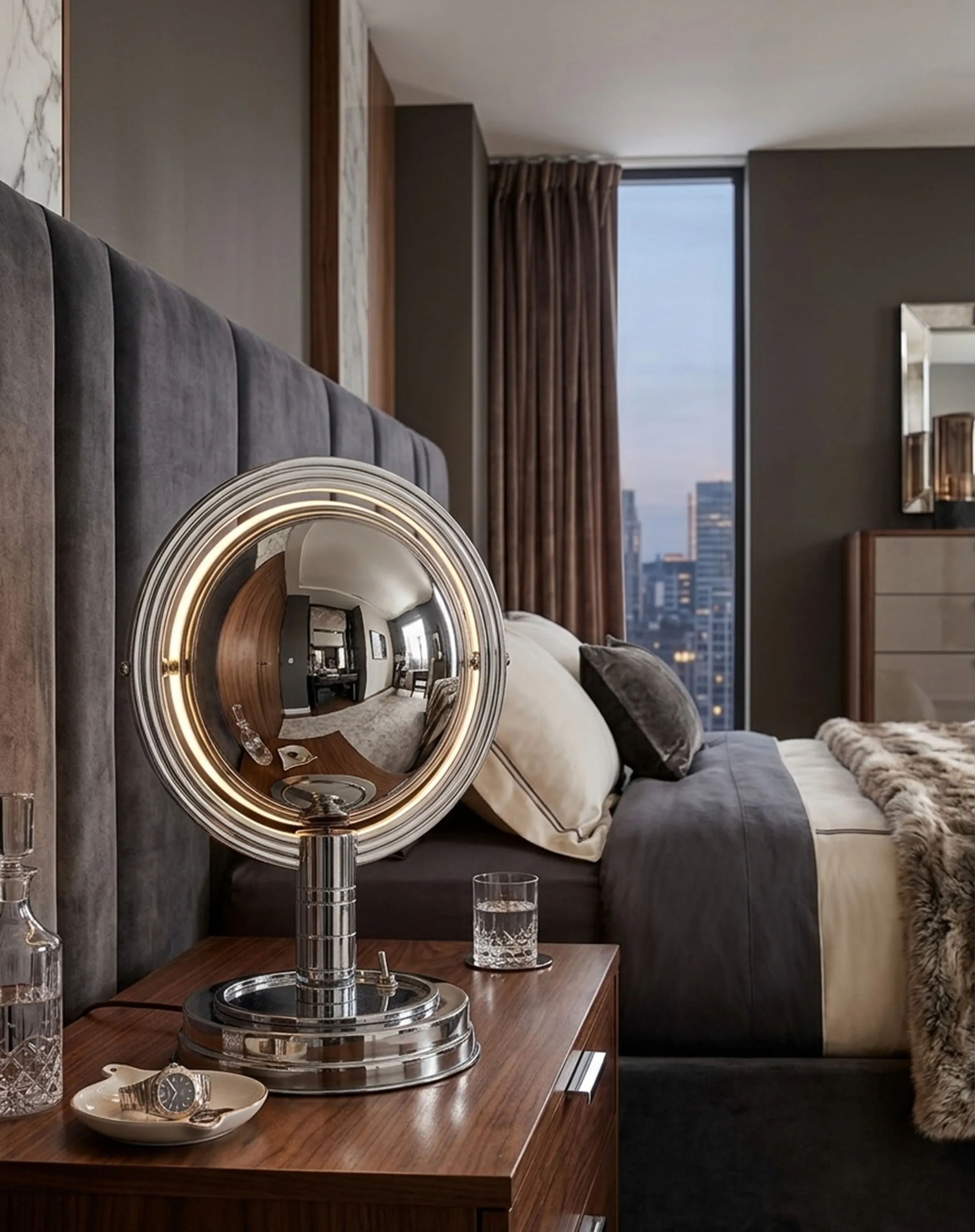 luminária de mesa antiga com base circular e luz refletida