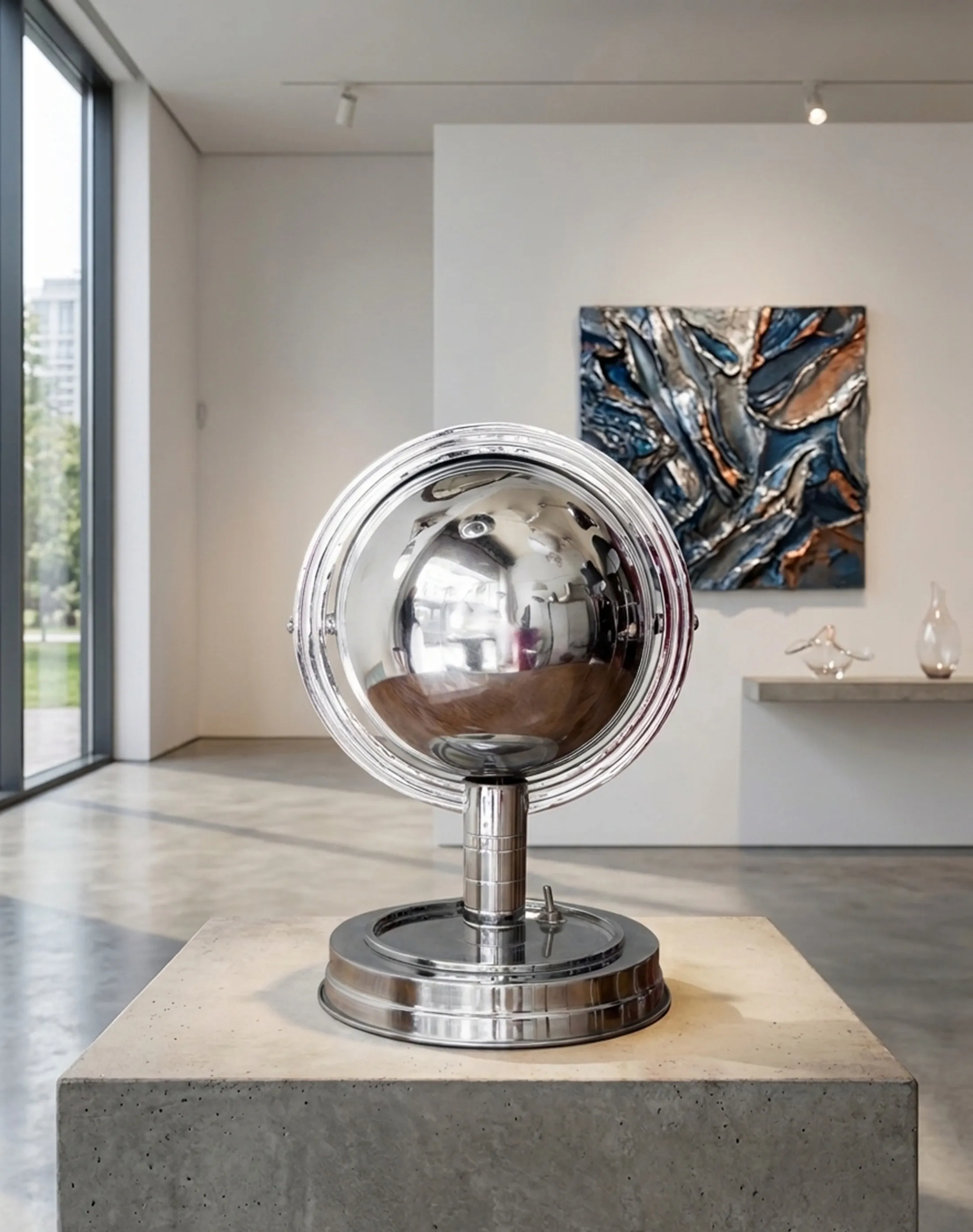 alte tischlampe mit metallbasis und gekrümmtem design in einer modernen galerie