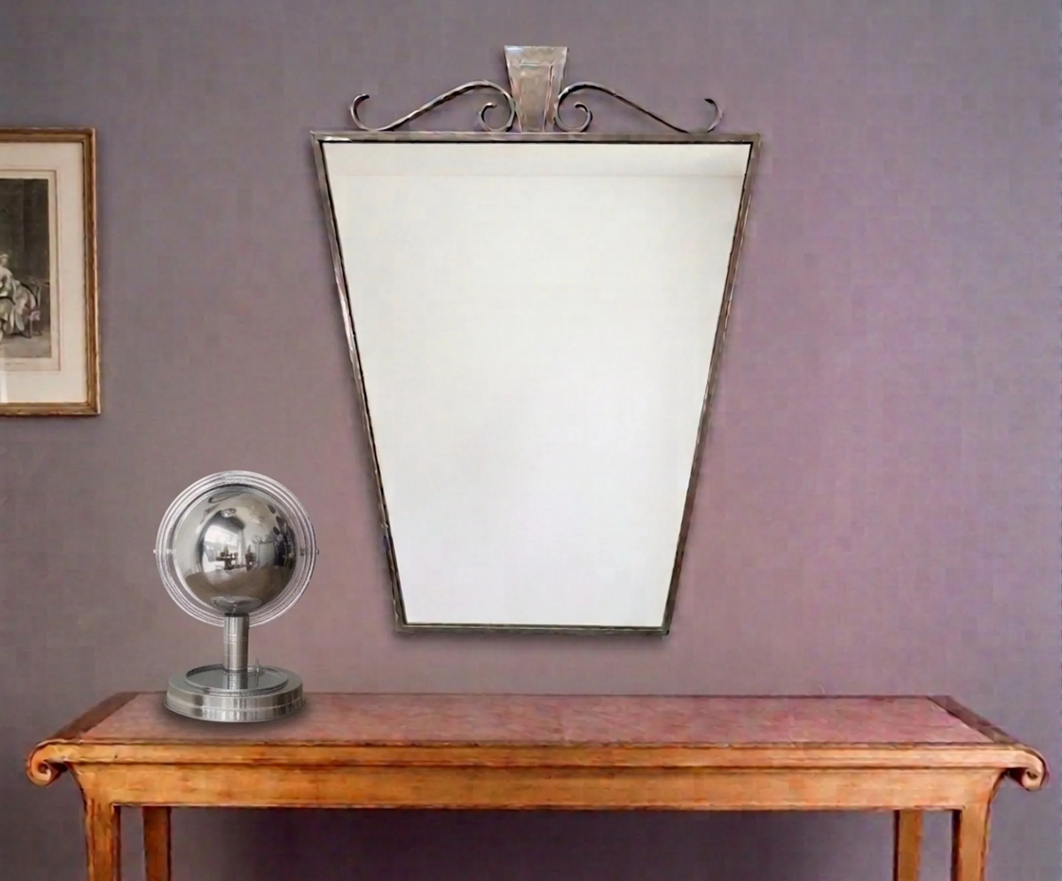antique table lamp on a wooden table with a mirror