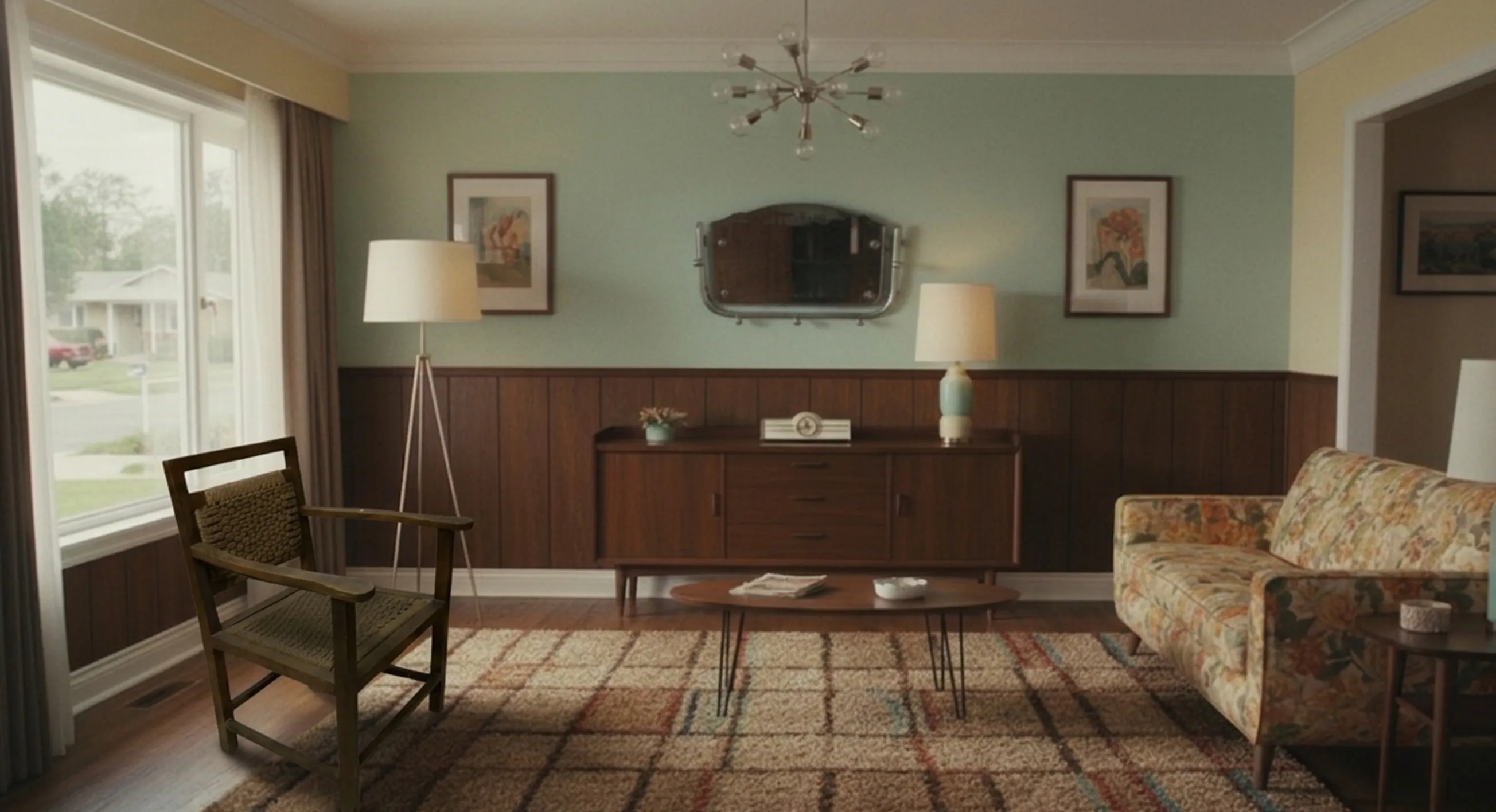 Sillón antiguo en un salón con lámparas y decoración