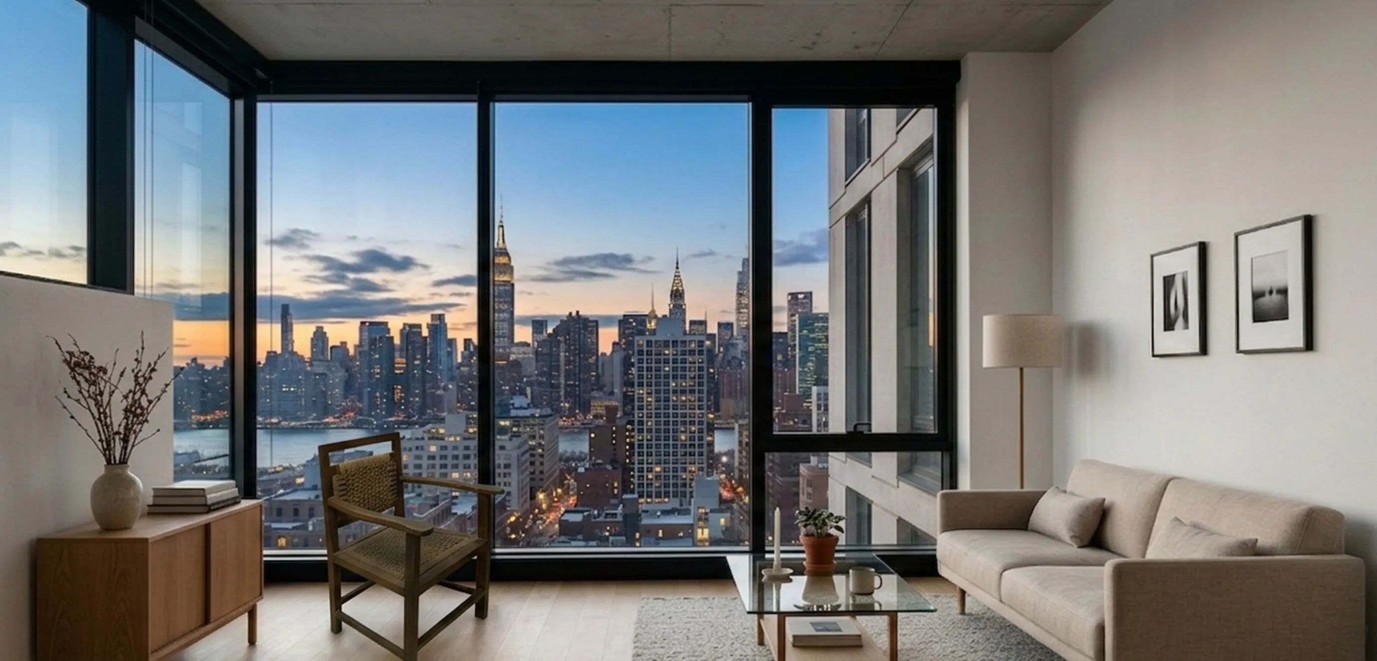 Antiker Sessel in einem modernen Wohnzimmer mit Stadtblick.