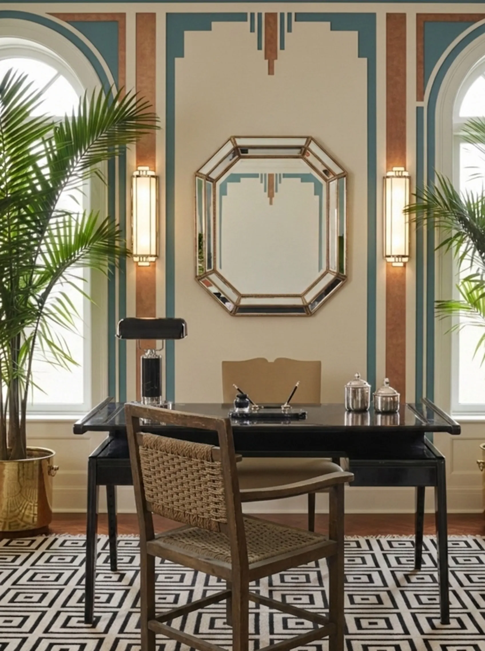 Antique armchair in an elegant space with classic decor and greenery