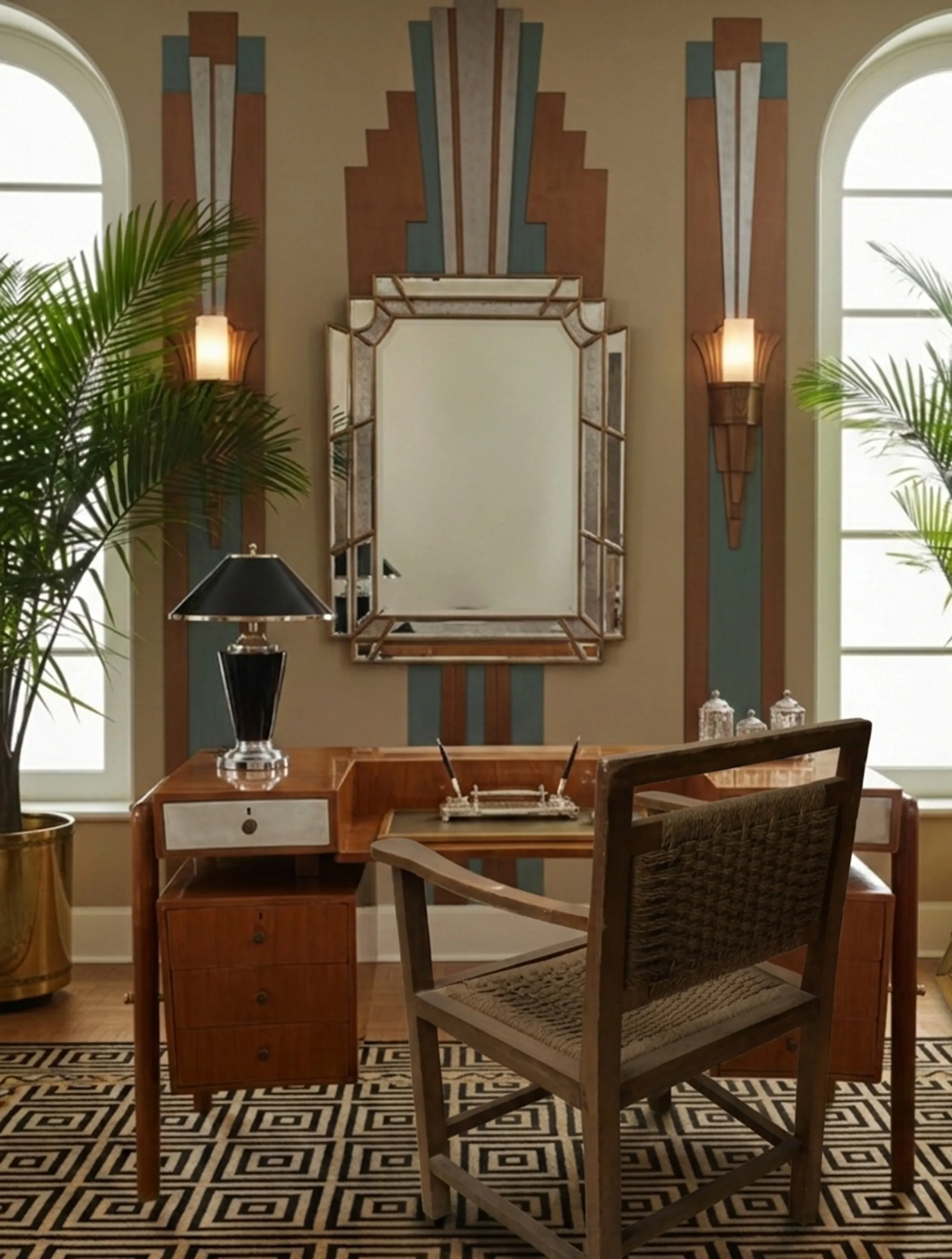 Poltrona antiga em um ambiente clássico com mesa e decorações elegantes.