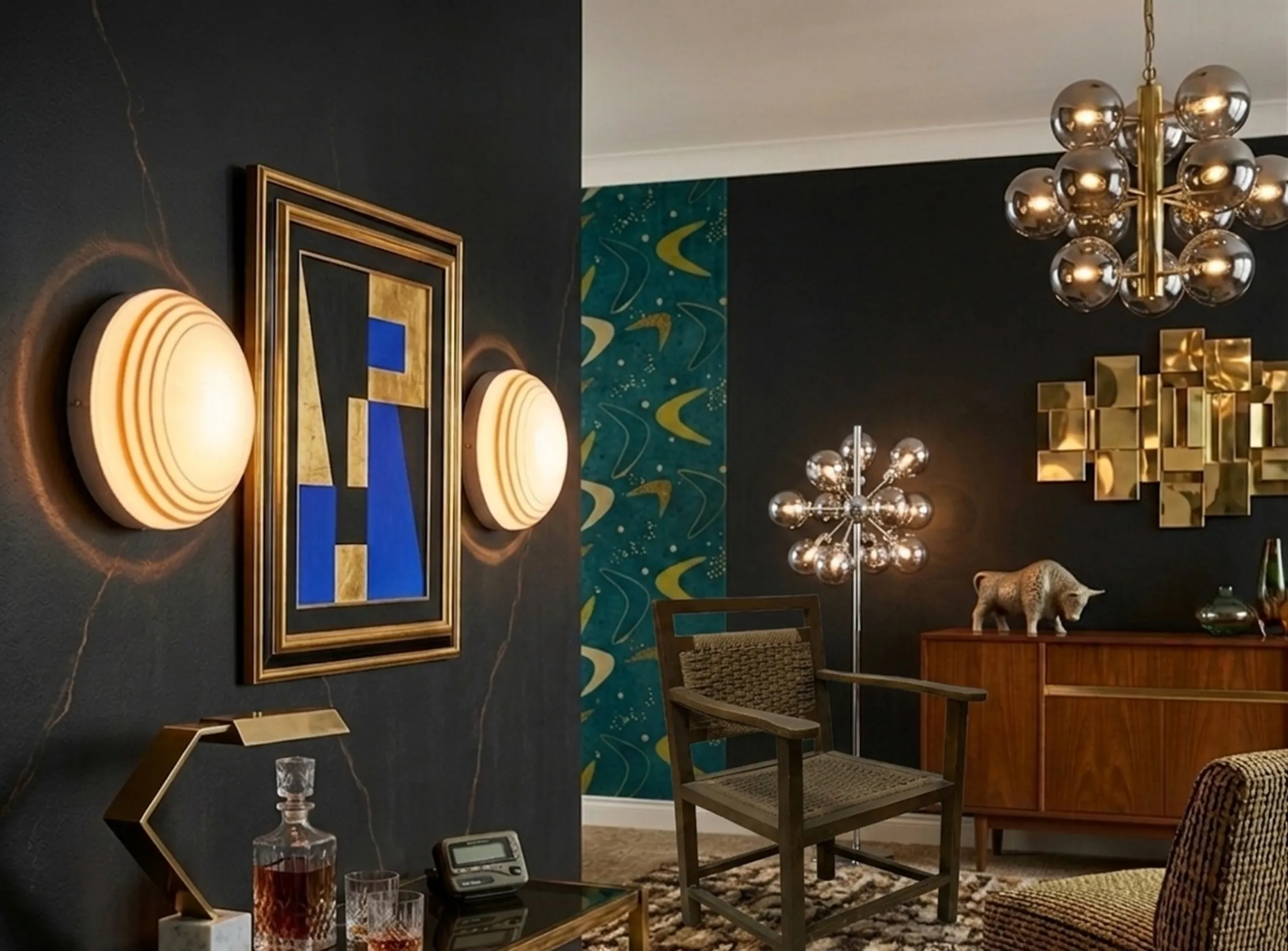 Poltrona antiga em um ambiente elegante com decoração moderna.