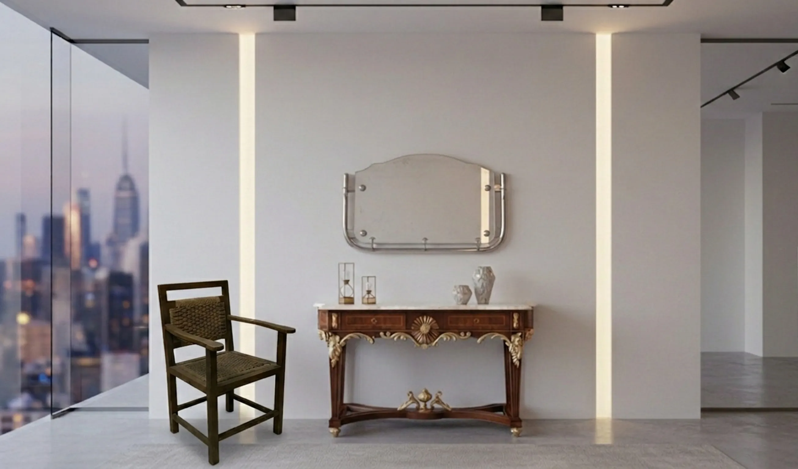 Poltrona antica con bracci, sfondo urbano moderno.