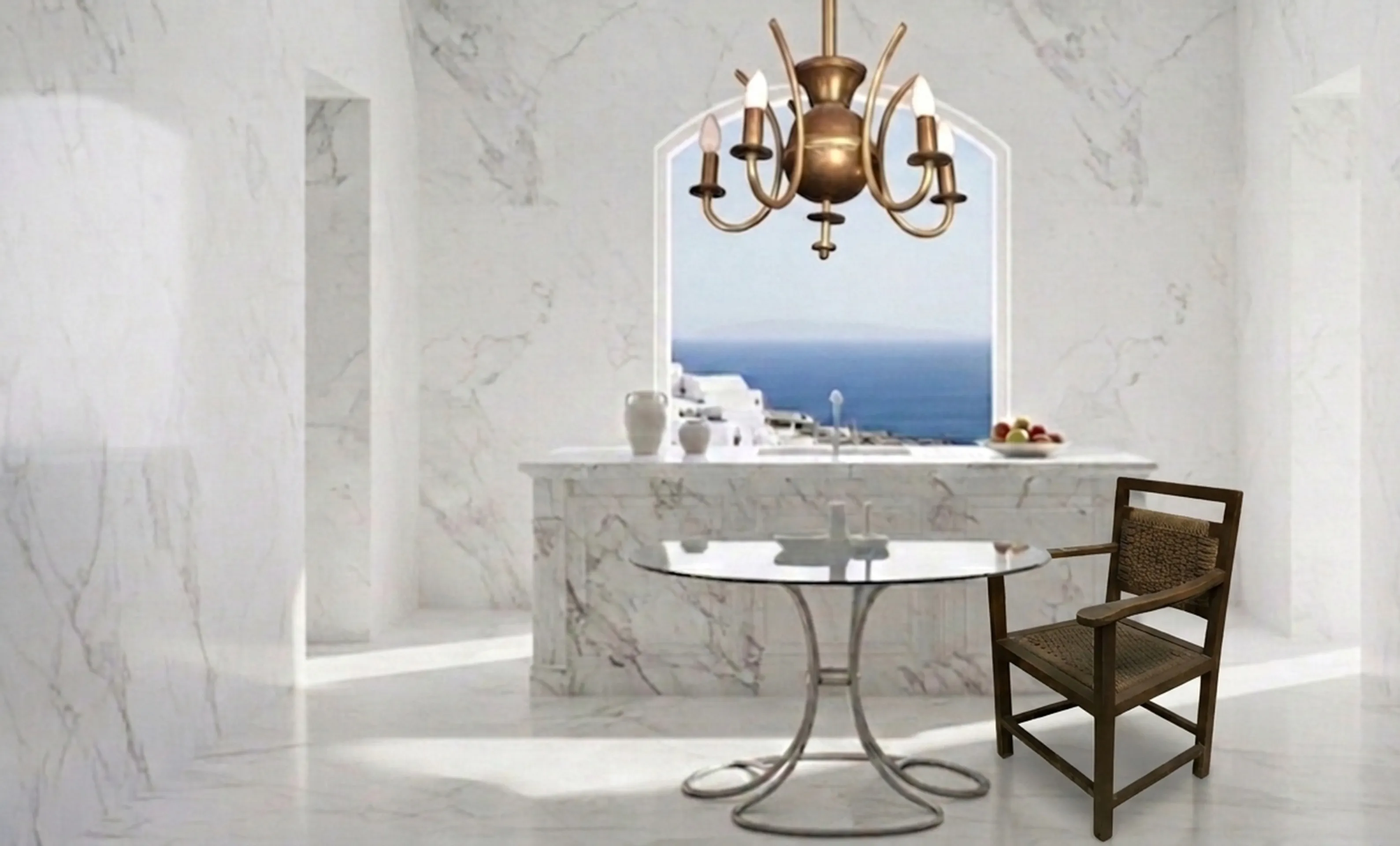 Antique armchair in a contemporary setting with a table and views