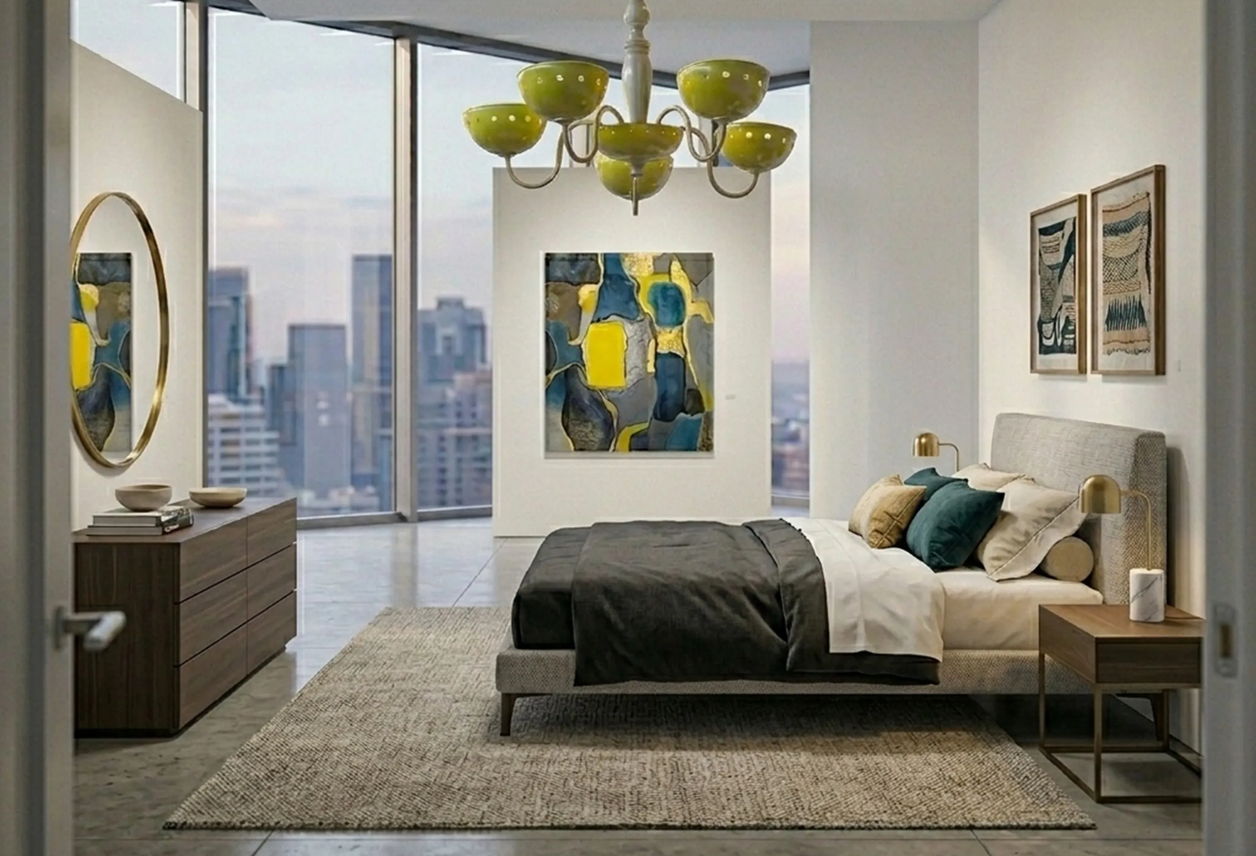 Antique hanging lamp with colorful details in a modern setting