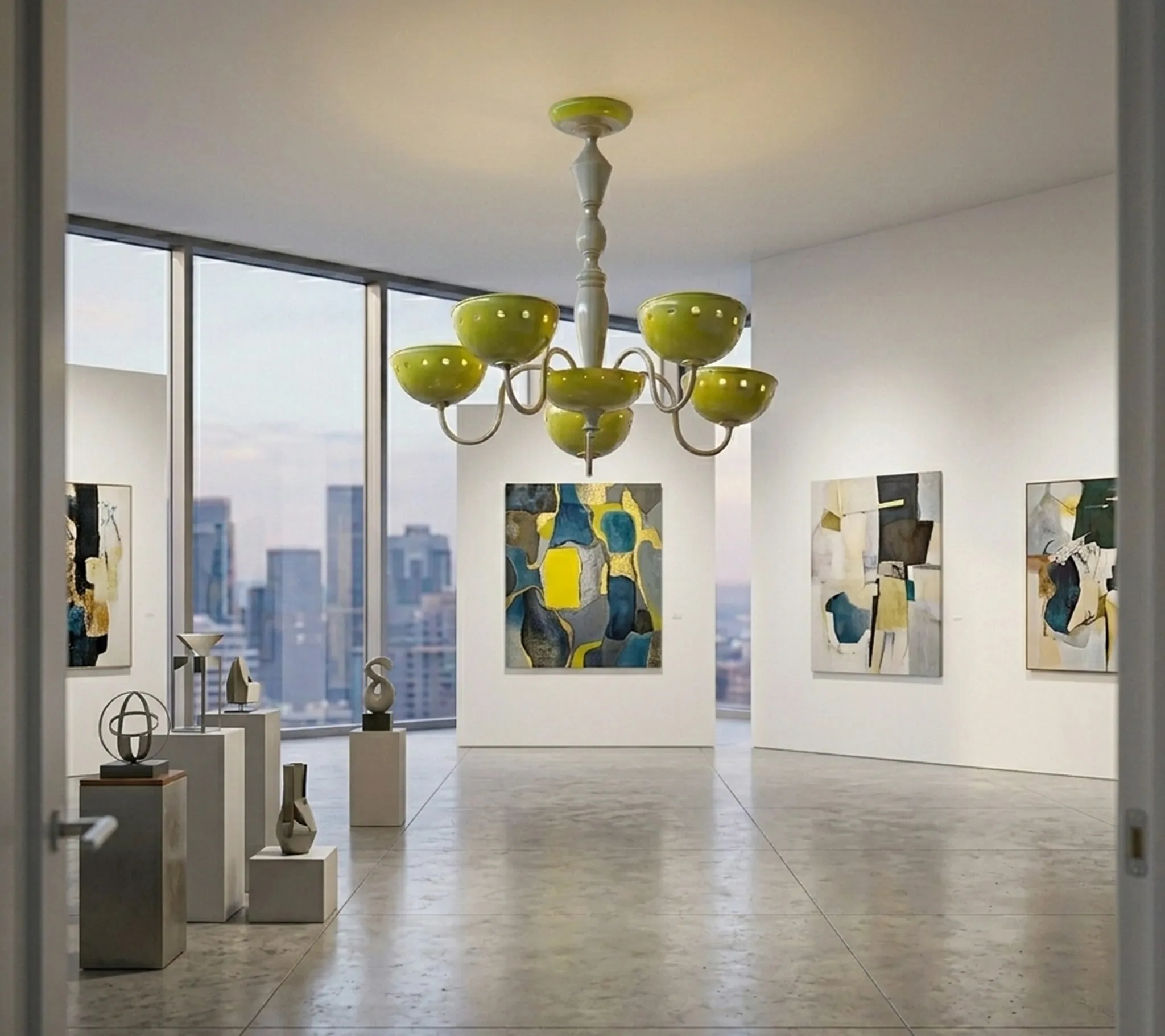 Lámpara de techo antigua con luces verdes en ambiente moderno, rodeada de arte contemporáneo.