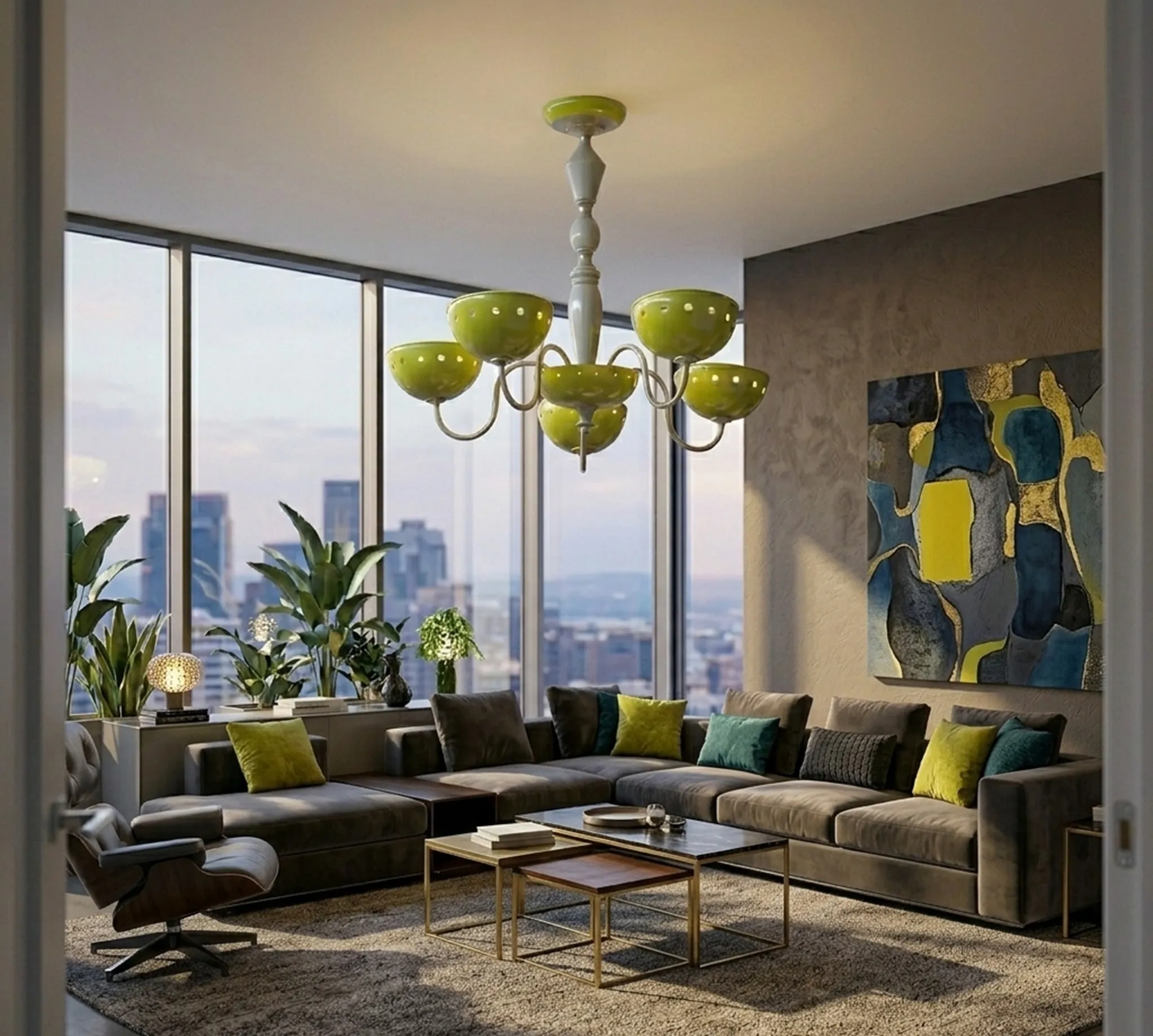 antique green hanging lamp in a modern living room with plants