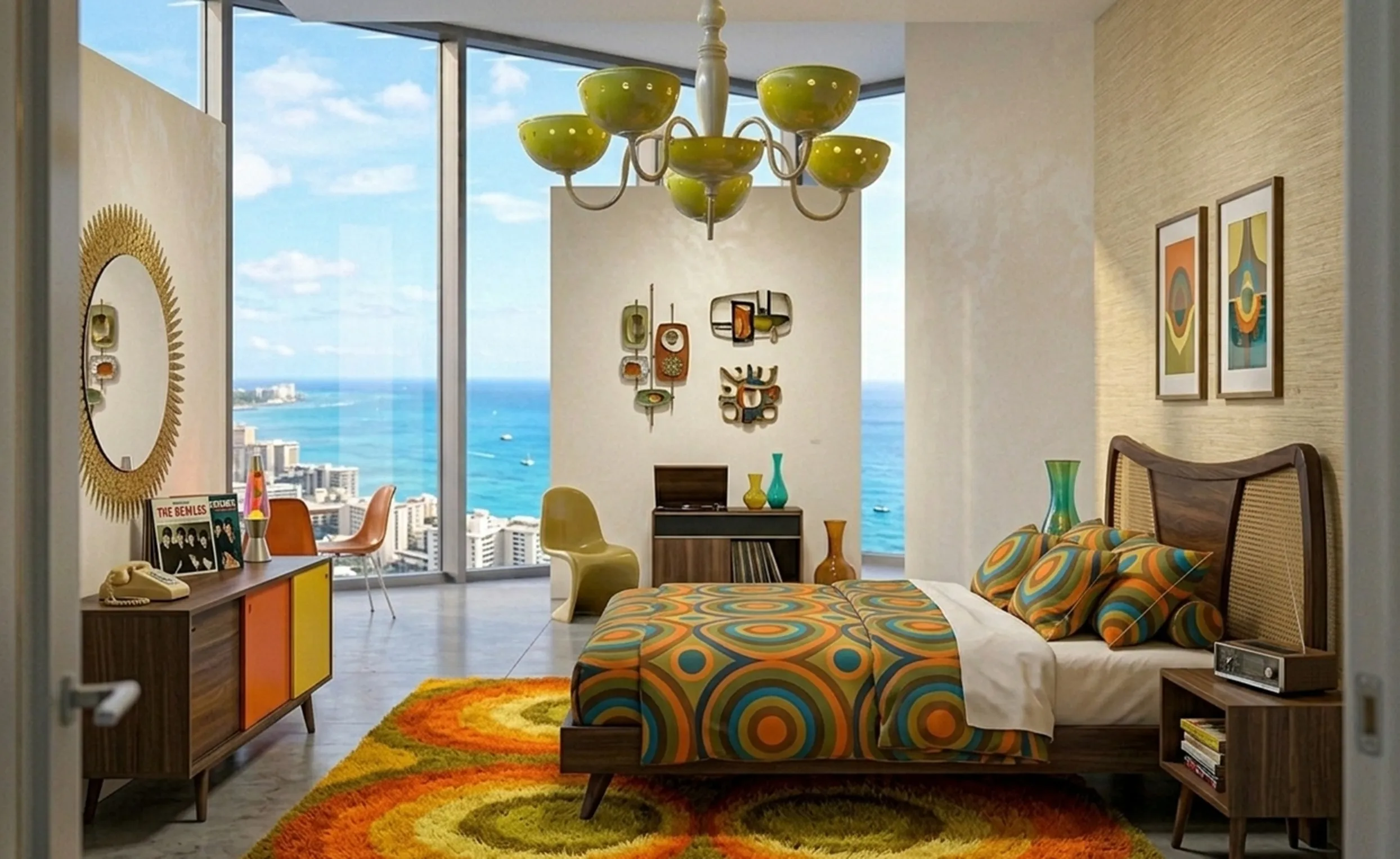 مصباح معلق قديم أصفر في غرفة مشرقة بجانب سرير ونافذة