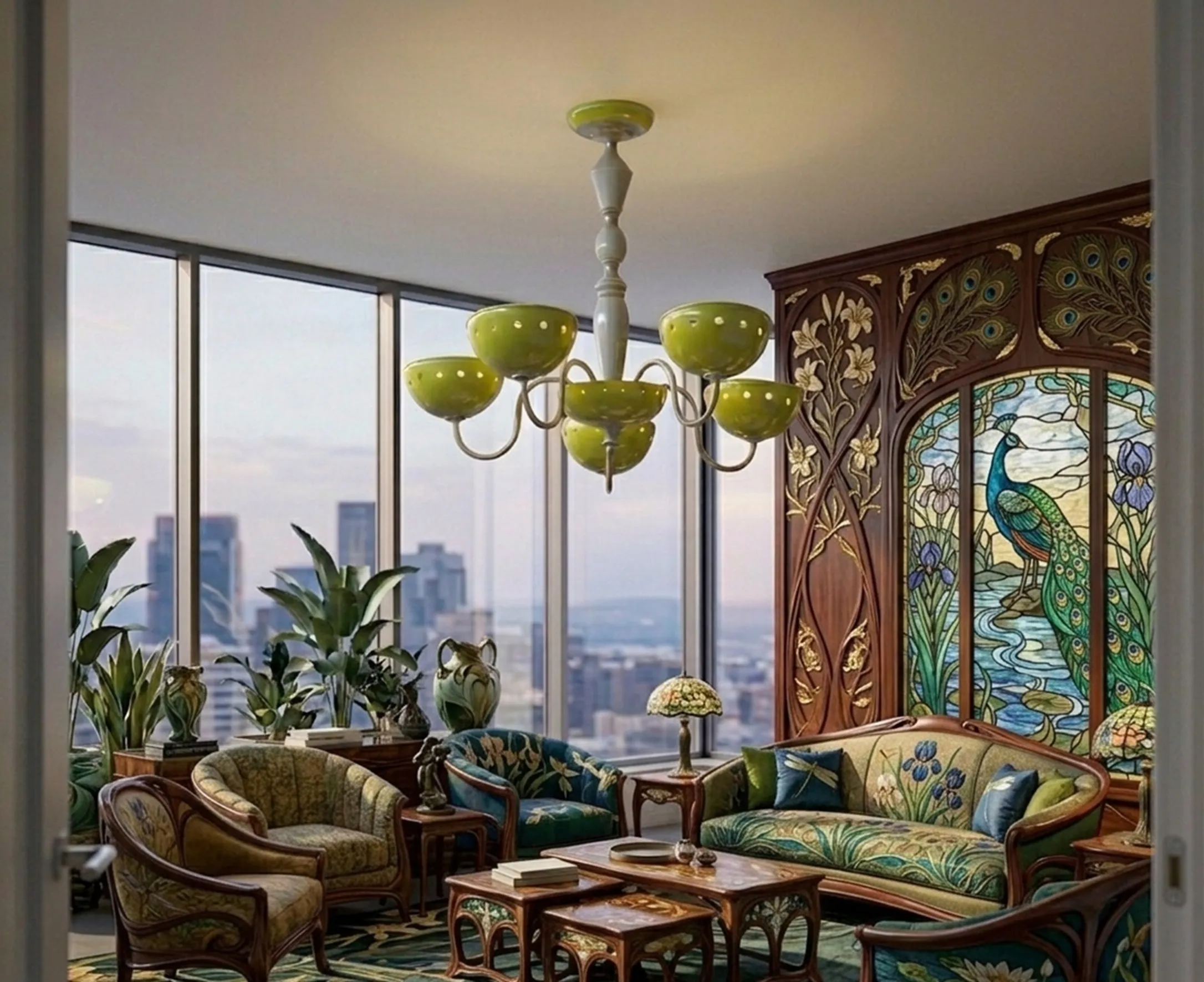 Lâmpada de teto antiga com design colorido em um ambiente aconchegante. Móveis elegantes ao redor.