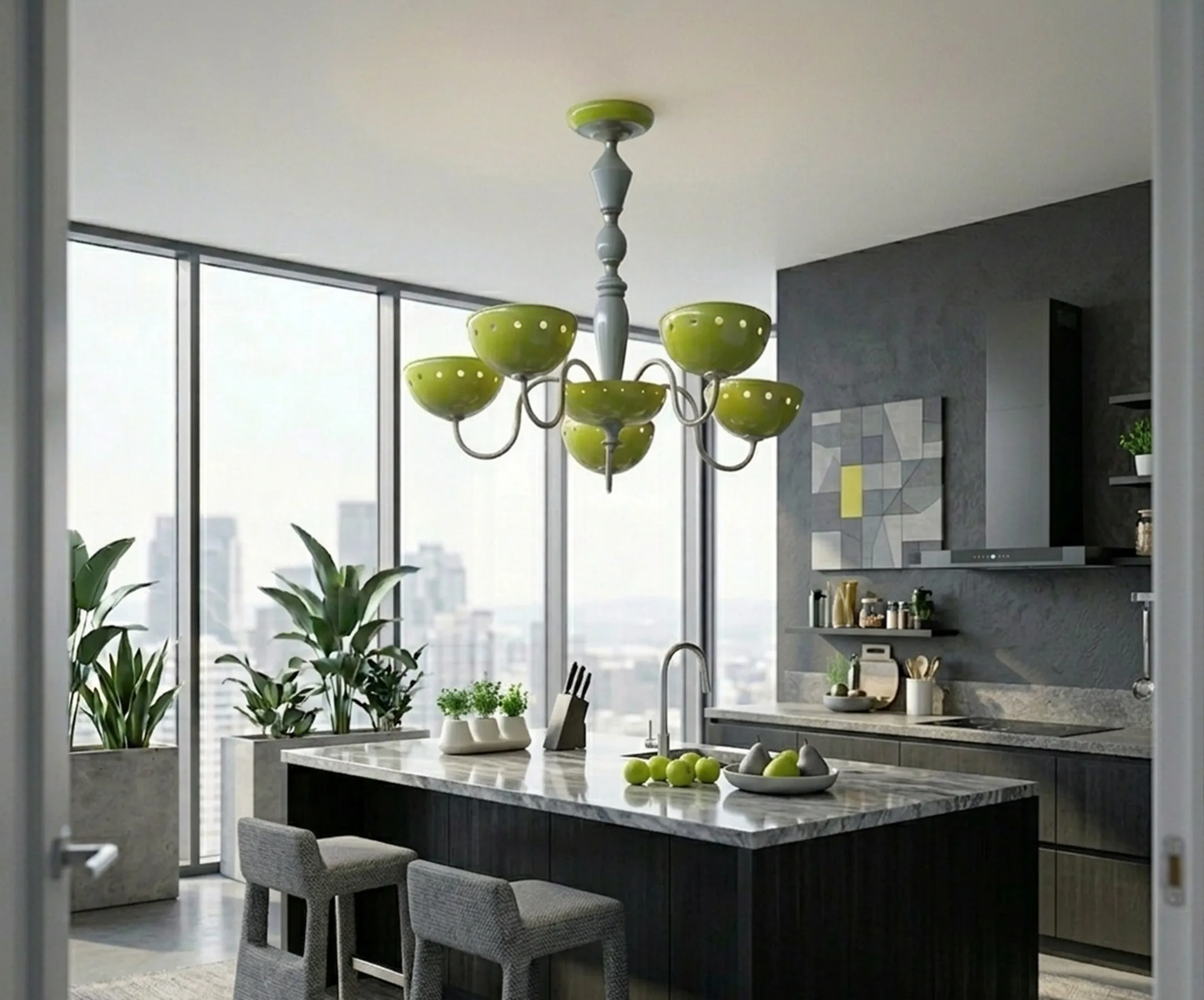 antique hanging lamp in a modern setting with green light and decorative elements