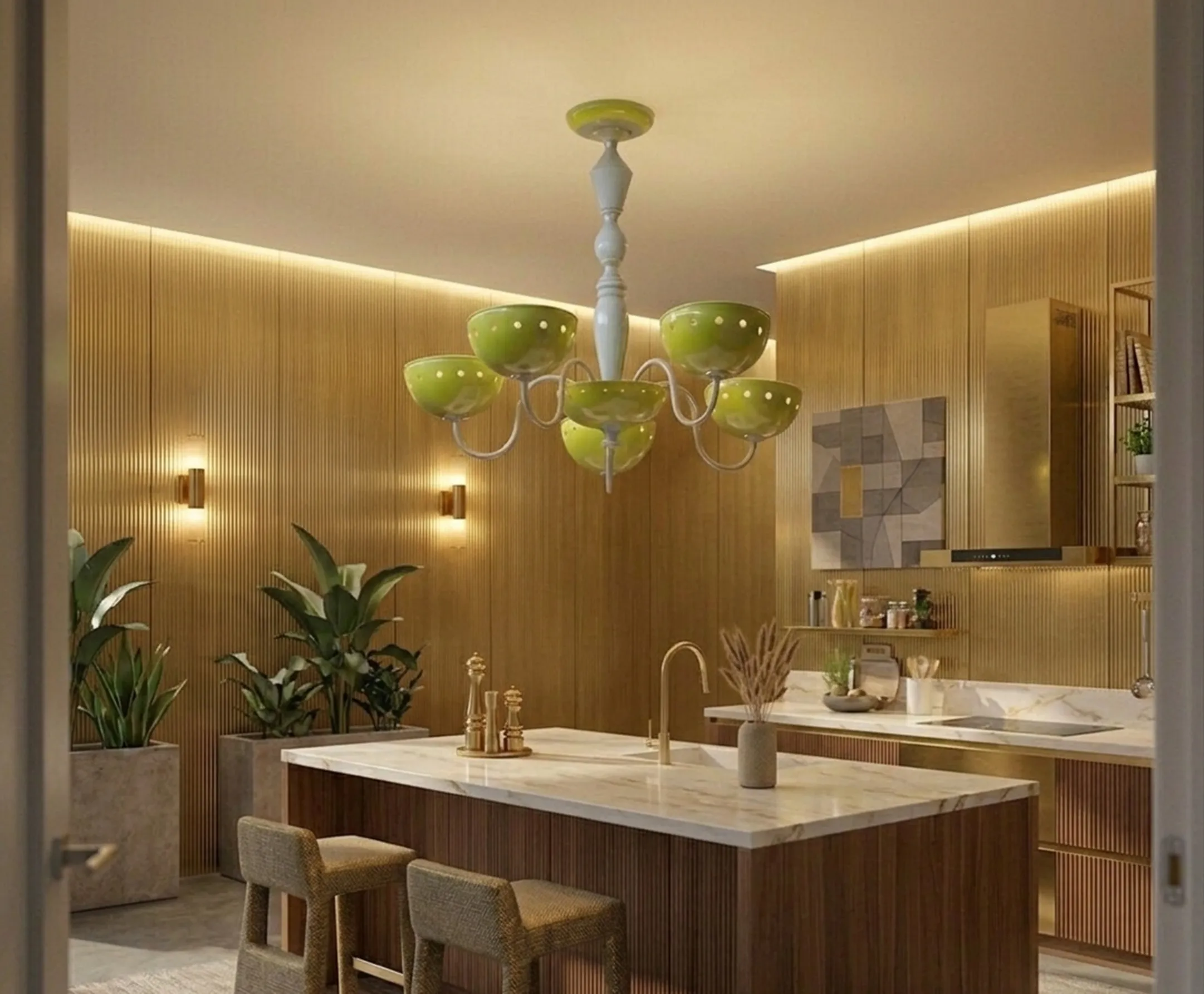 antique hanging lamp with flower-shaped shades and green details, in a bright modern kitchen