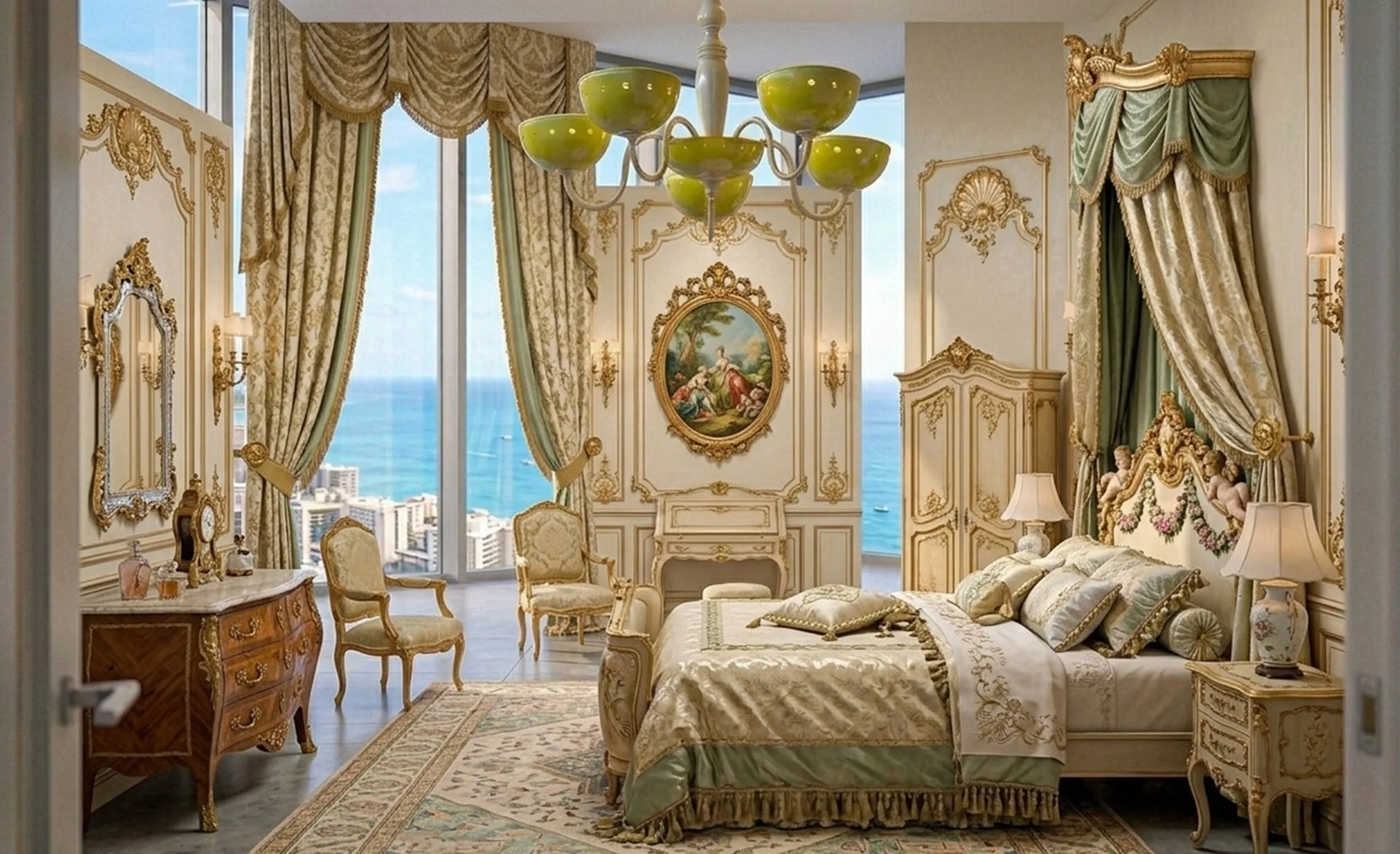 Lámpara de techo antigua con luz en un dormitorio elegante.