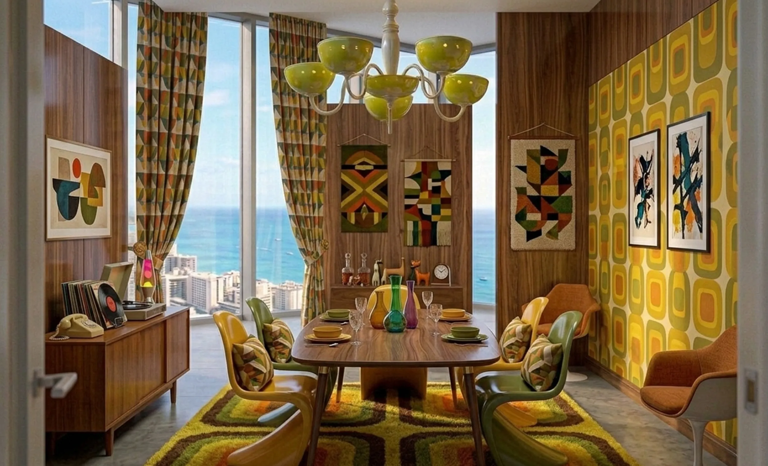 antique hanging lamp in yellow above a table in a cheerful dining room with sea view