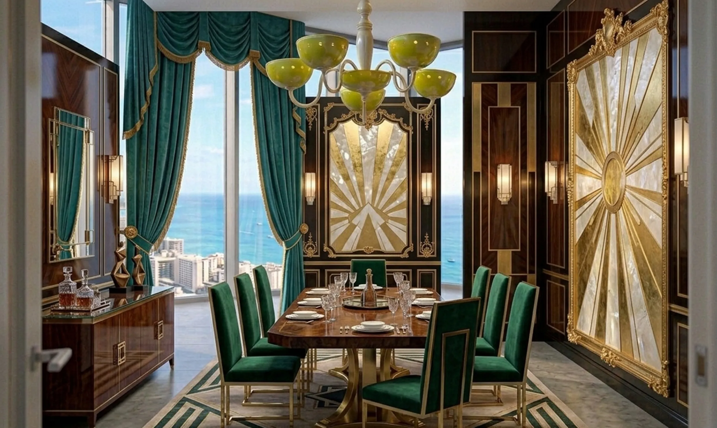 antique hanging lamp in yellow and green, elegant setting