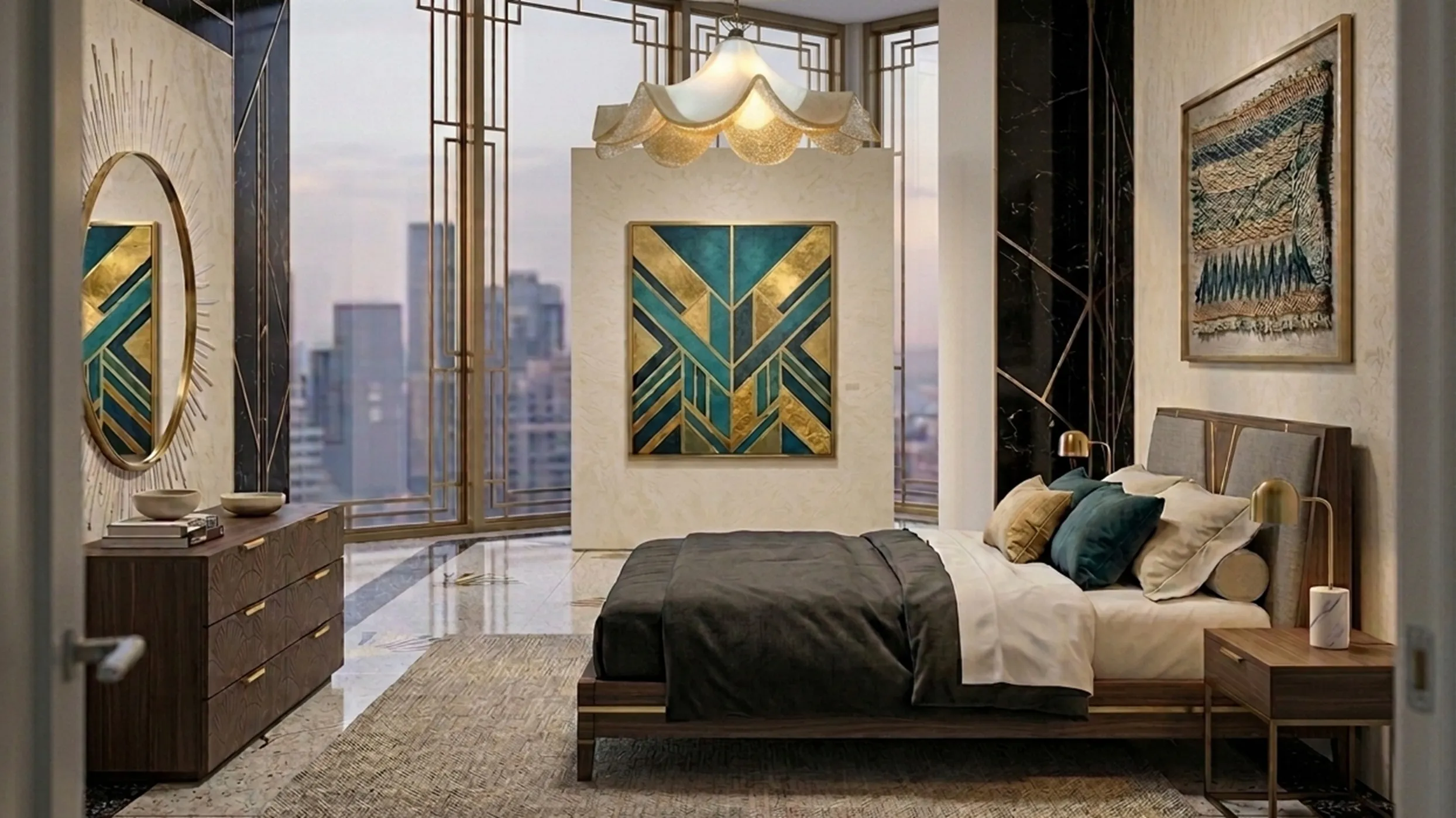 lámpara de techo antigua con pantalla elegante y detalles dorados en un ambiente moderno