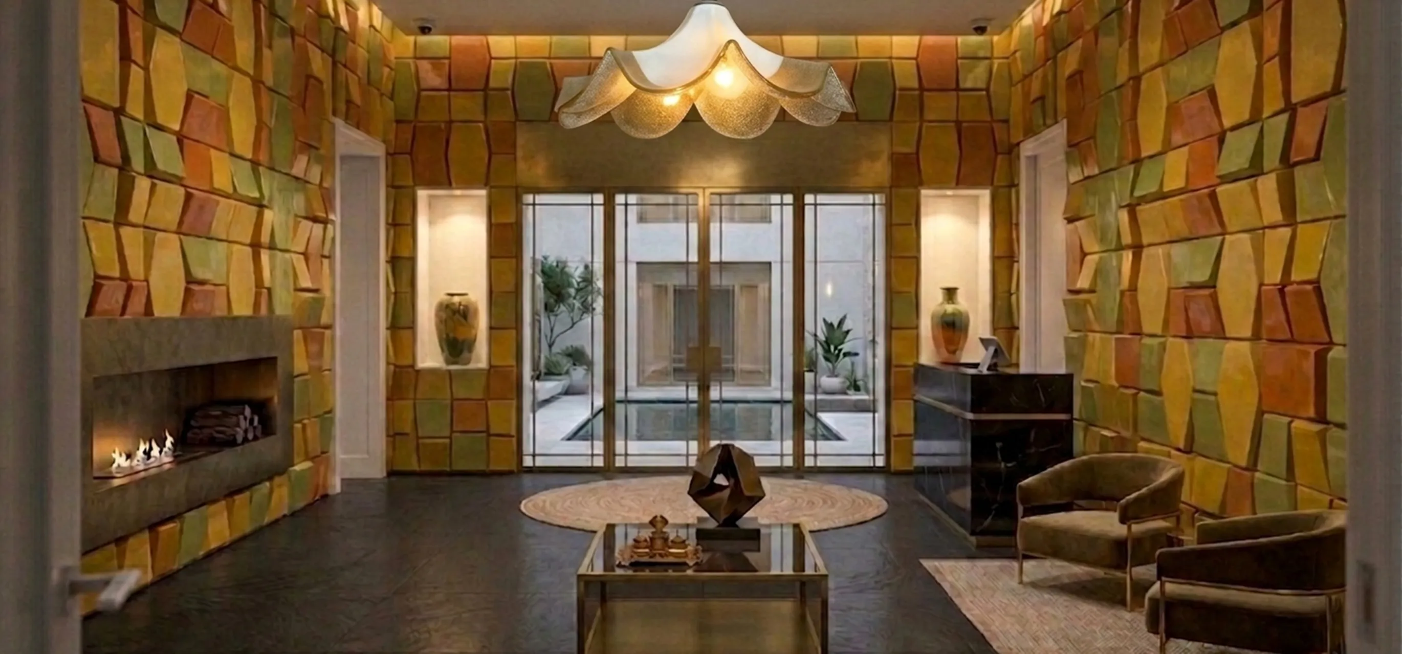 lampara de techo antigua iluminando una sala moderna con decoracion vibrante