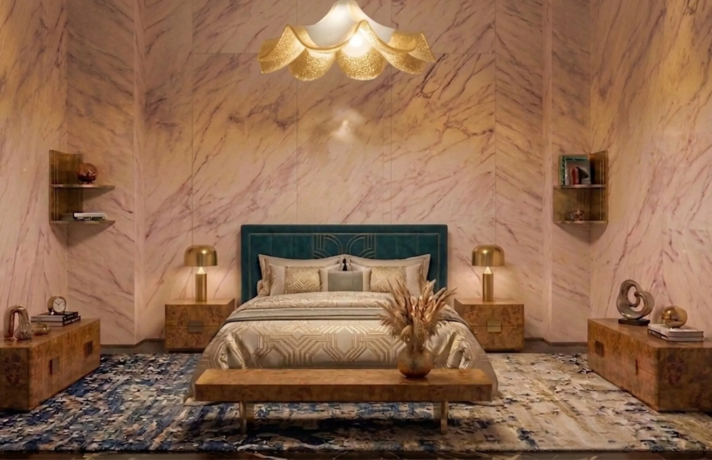 Lampada a sospensione antica a forma di petalo in camera elegante, illumina il letto e i mobili.