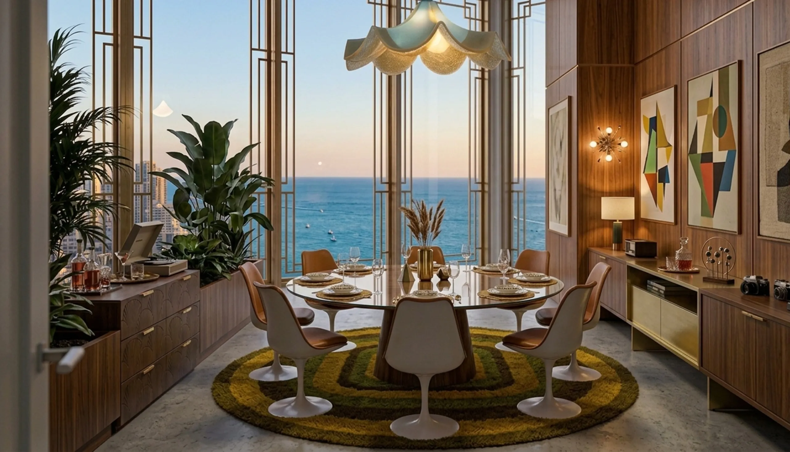 Lampada a sospensione antica con design elegante, illumina una sala da pranzo moderna con vista mare.