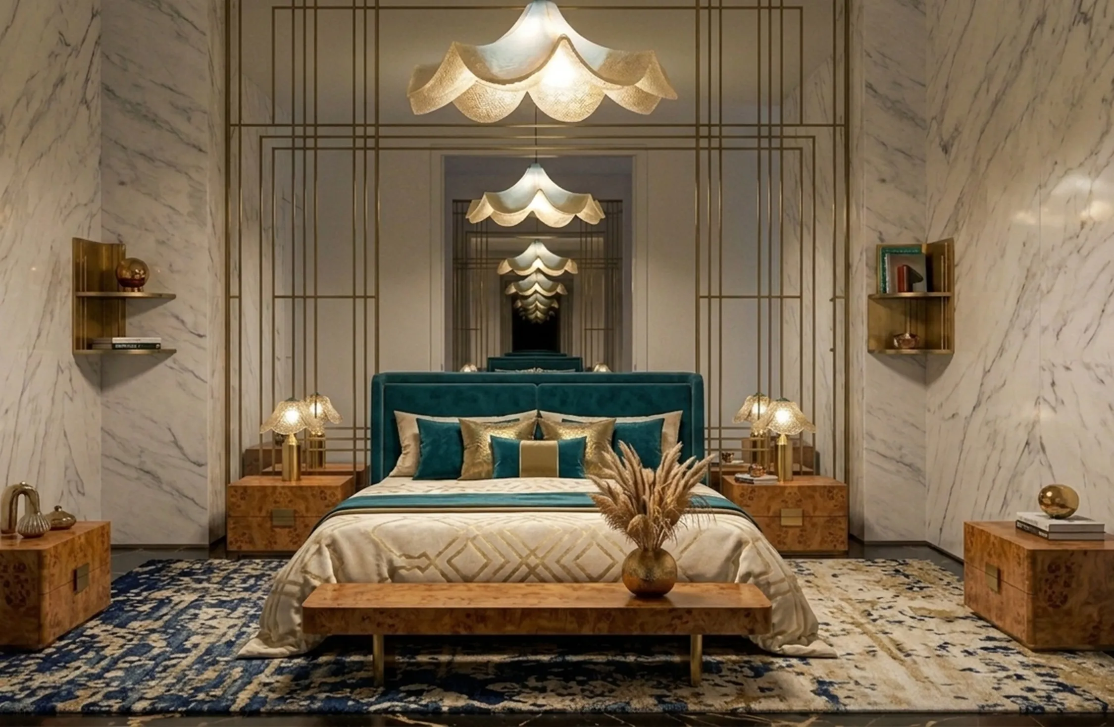 lâmpada de teto antiga acima de uma cama, decoração elegante