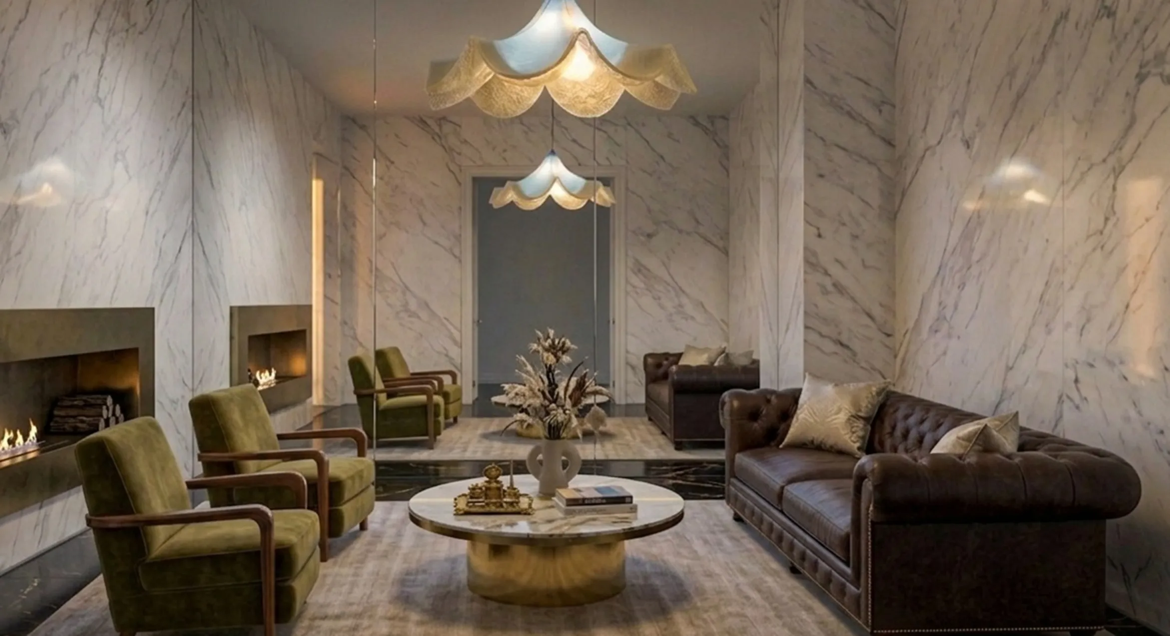 Antica lampada a sospensione con design classico che illumina una sala elegante con poltrone e decorazioni.