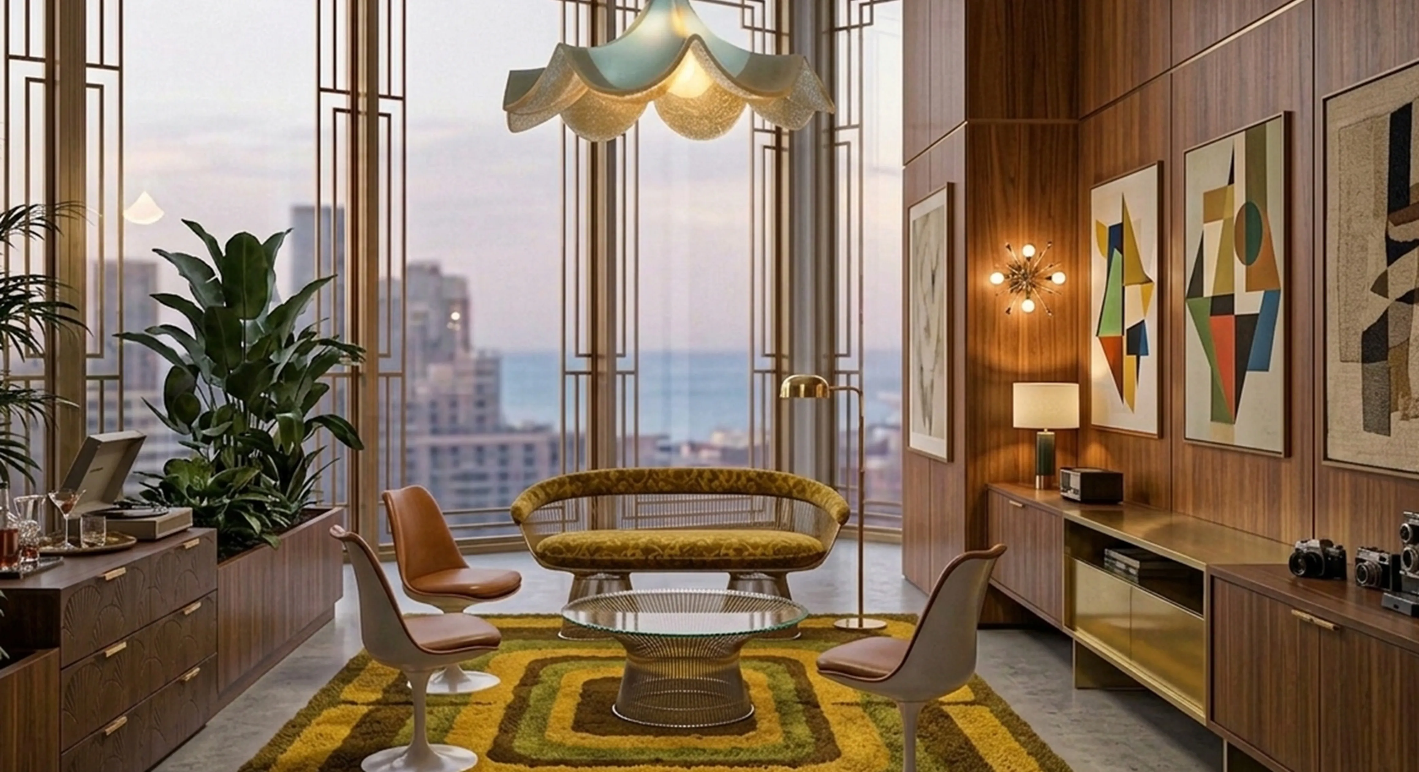 Lámpara de techo antigua con diseño elegante iluminando una sala moderna con muebles y arte.