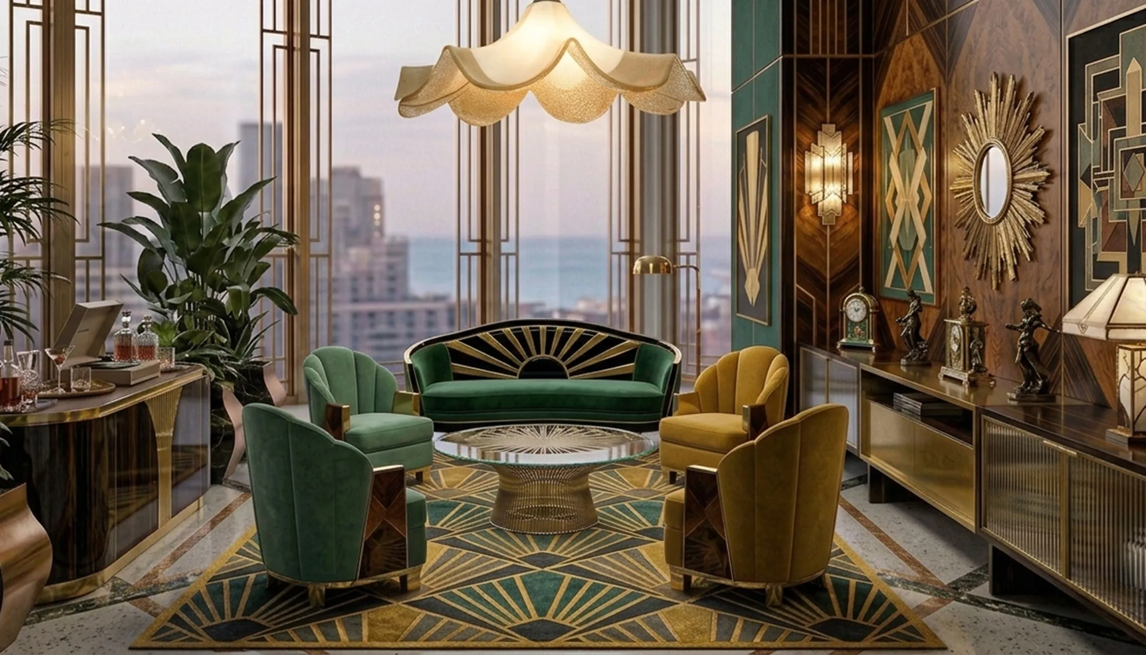 Lampada a sospensione antica con design elegante in un ambiente lussuoso.