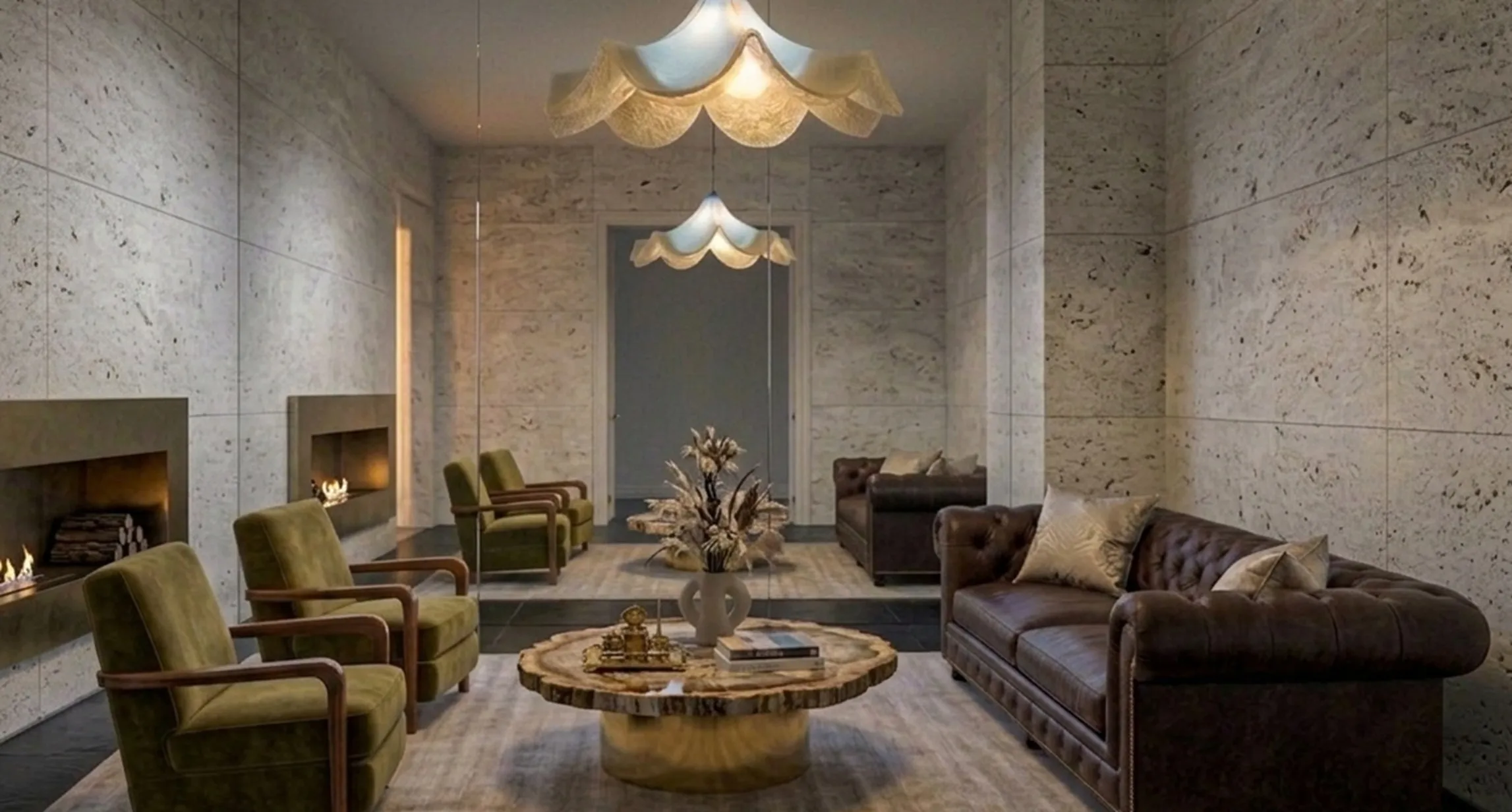 lampara de techo antigua en sala moderna con sillones verdes